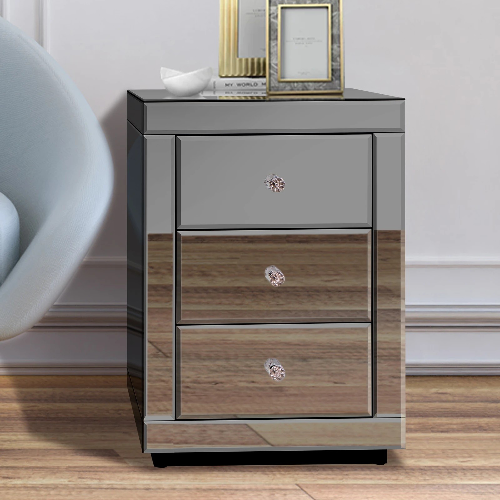 4 Alfordson Bedside Table Mirrored Cabinet Nightstand Side End Table Drawers - Grey, 4 of 10