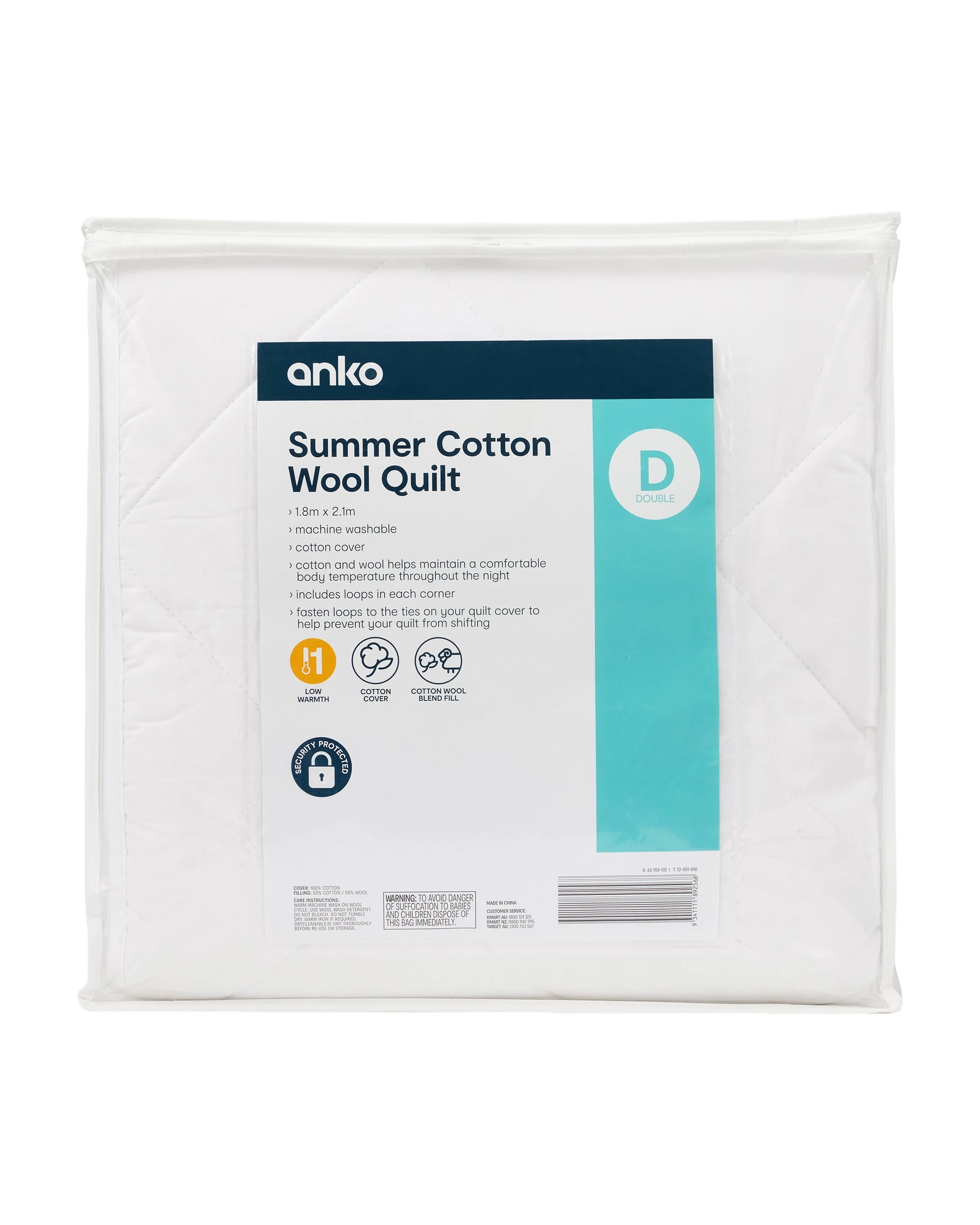 1 Low Warmth Summer Cotton Wool Quilt - Double Bed, White, 1 of 4