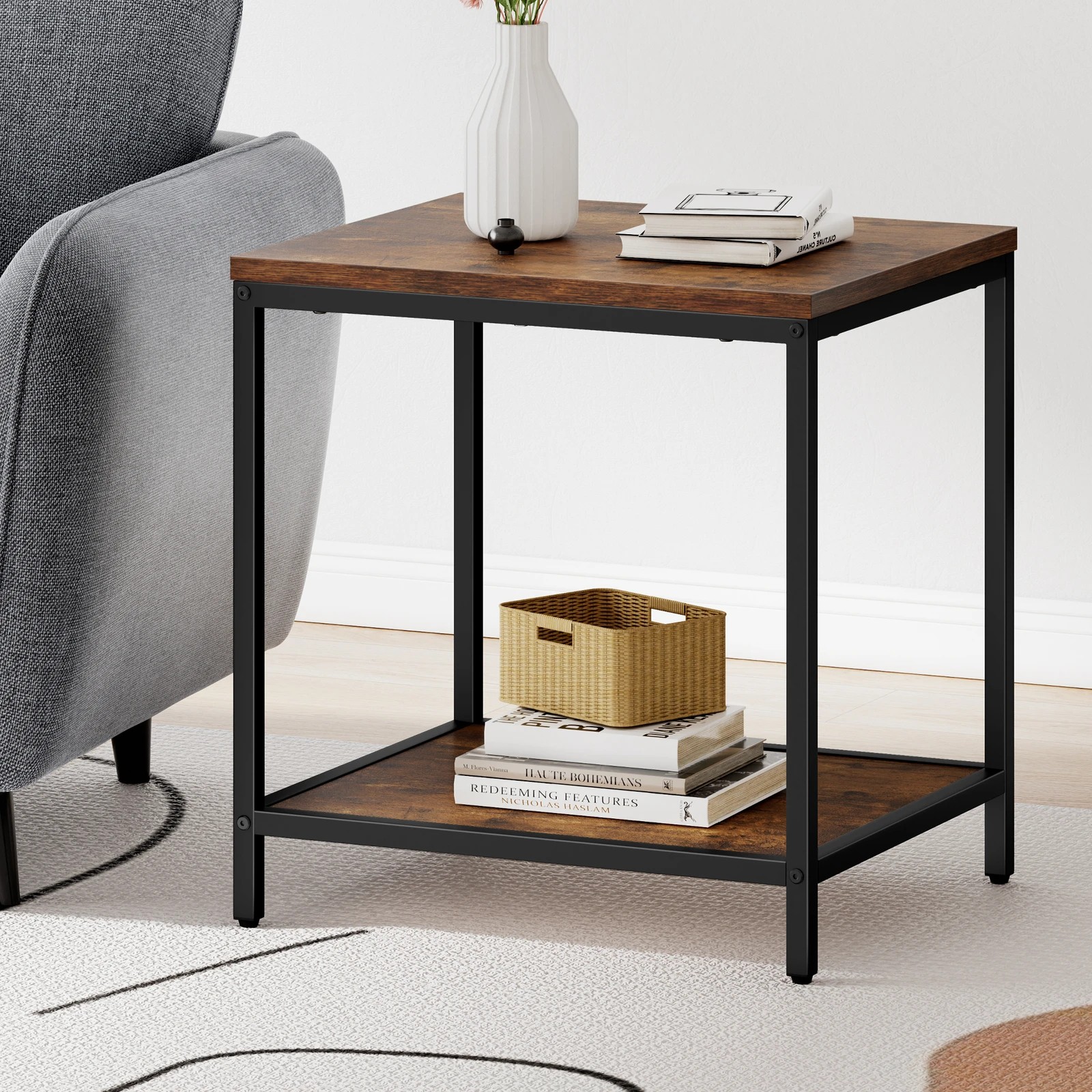 2 Alfordson Coffee Table 2-tier Side Table Industrial - Oak, 2 of 9