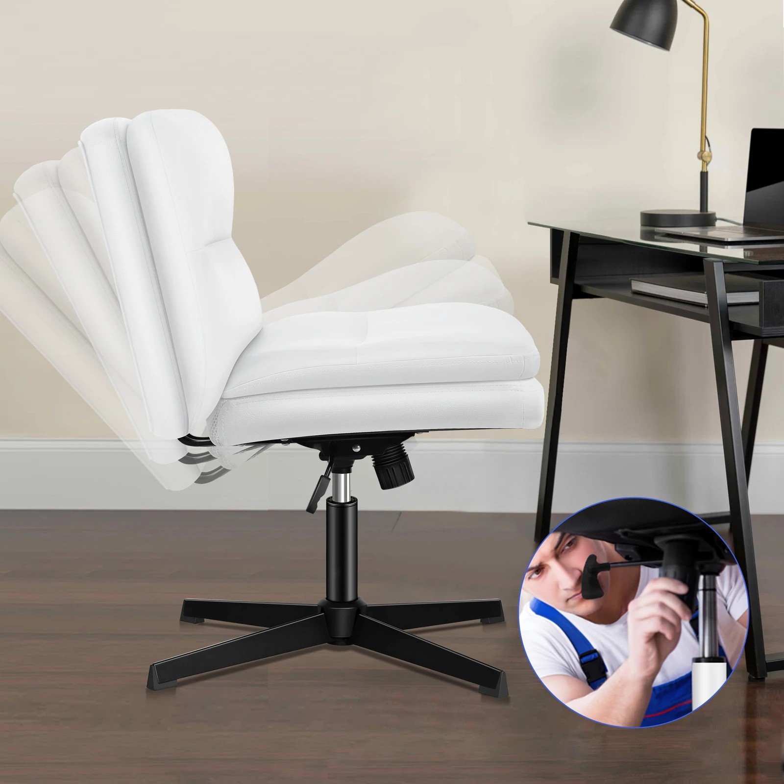 3 Alfordson Office Chair Computer Cross-legged Seat Work Ottoman PU Leather - White, 3 of 10