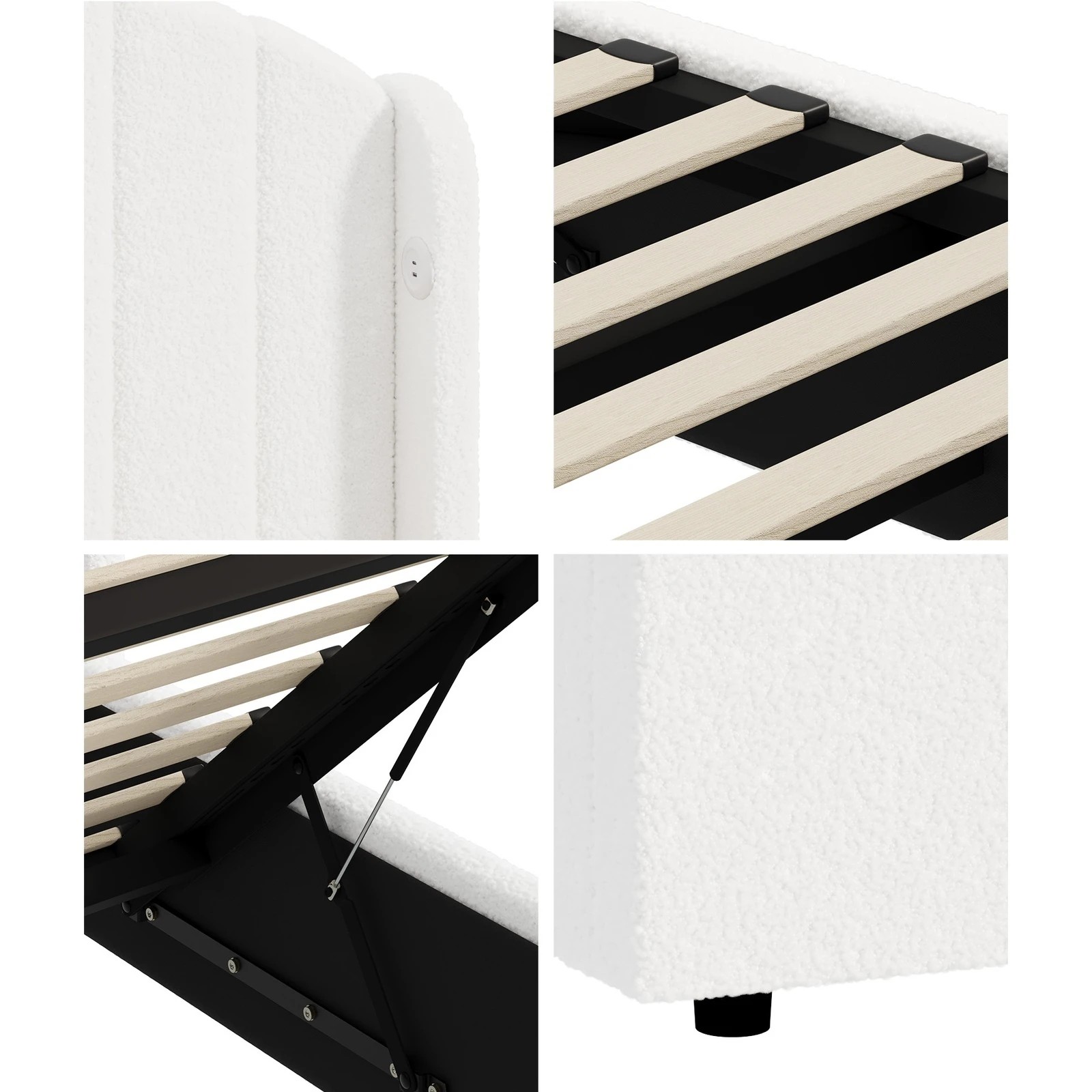 6 Oikiture Bed Frame King Size With Gas Lift Storage USB Charging Boucle - White, 6 of 8