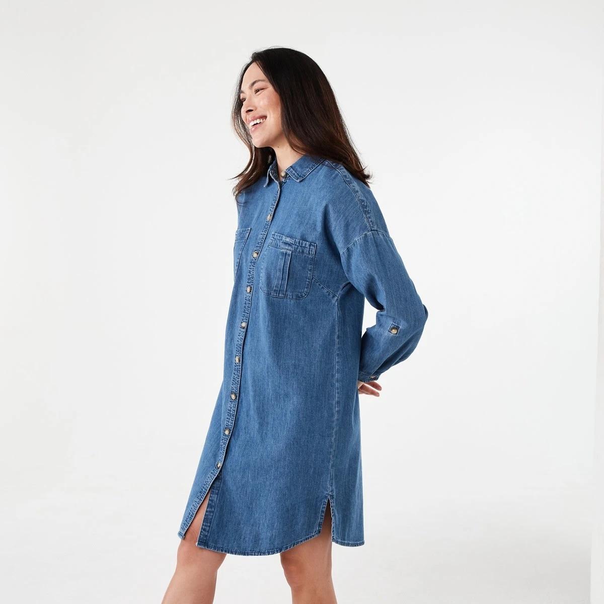 3 Long Sleeve Shift Shirt Mini Dress Mid Wash, 3 of 6
