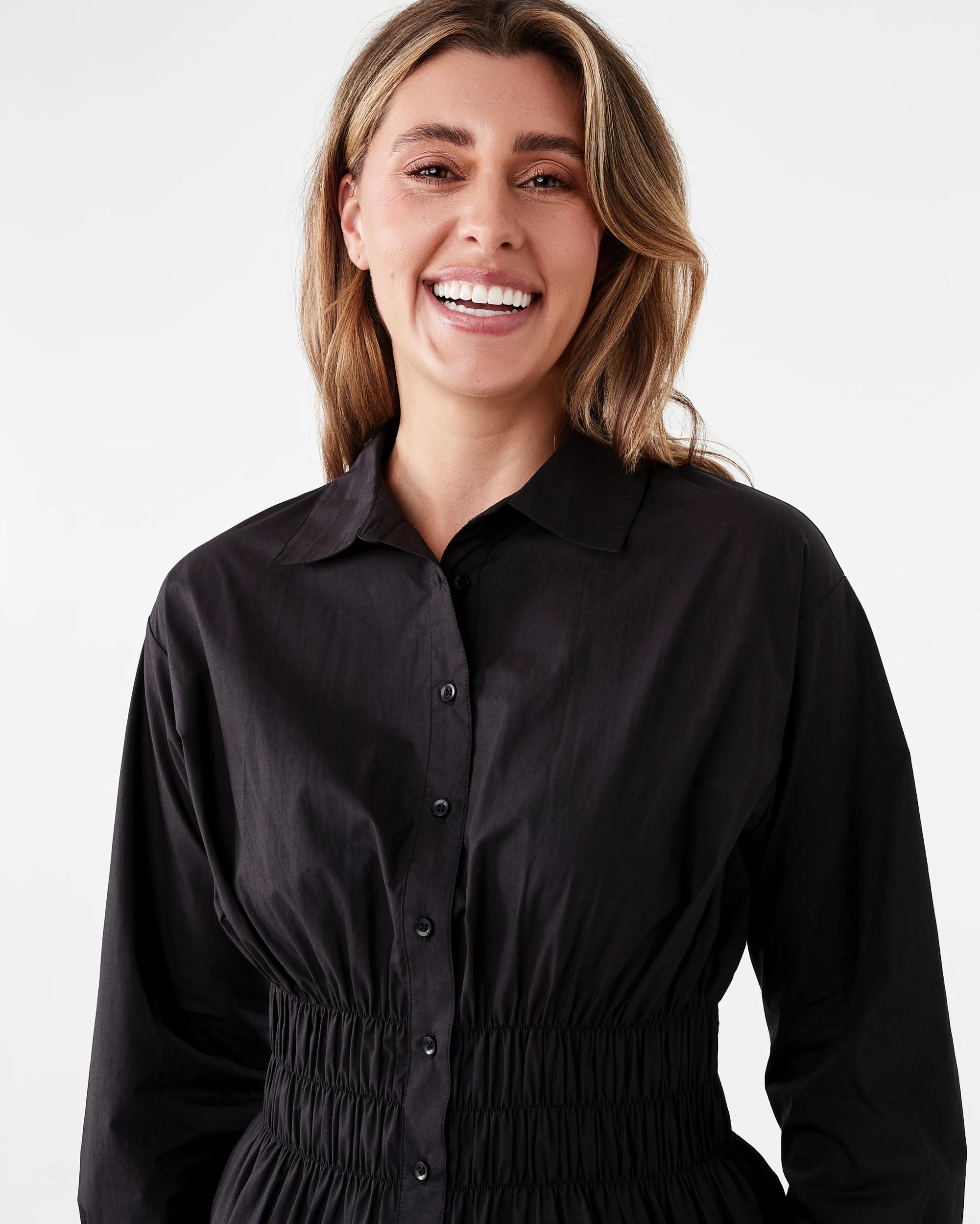 3 Long Sleeve Shirred Waist Shirt Black, 3 of 6