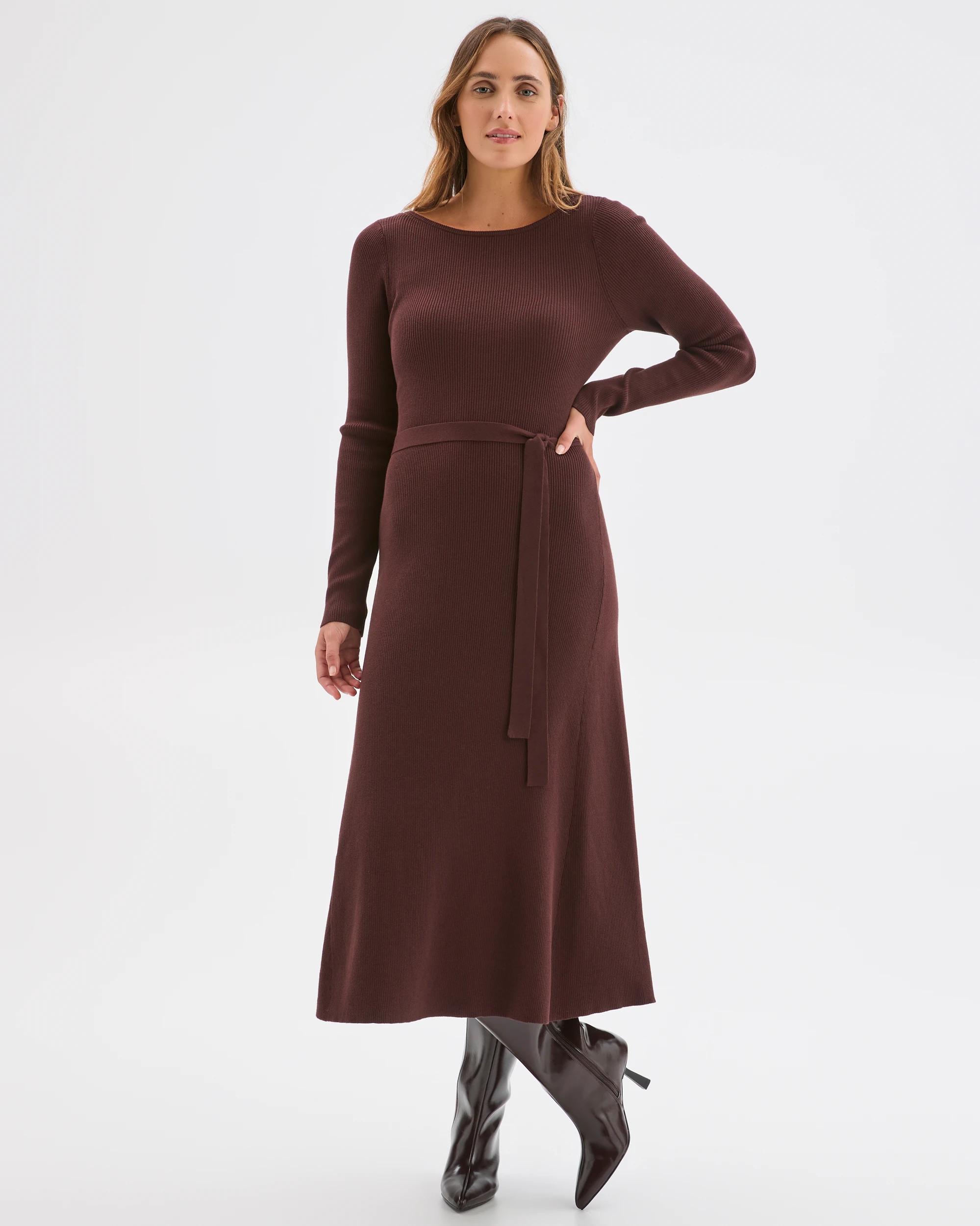 3 Preview Australian Cotton Blend Long Sleeve Knit Midi Dress DARK CHOCOLATE, 3 of 5