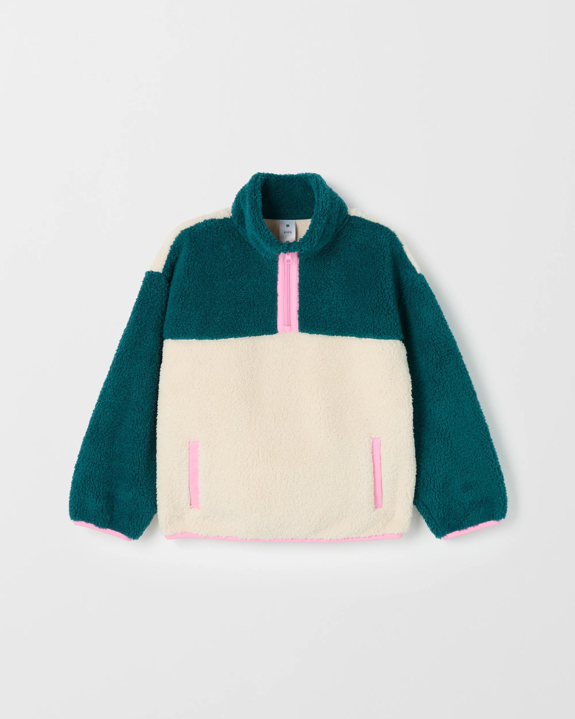 1 Target Kids Quarter Zip Colour Block Teddy Fleece Jumper GREEN, 1 of 1