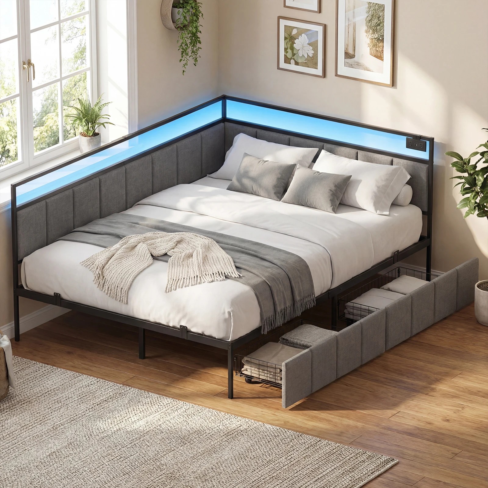 9 Advwin Double Corner Bed Frame with Charging Station and LED Light - Grey, 9 of 10