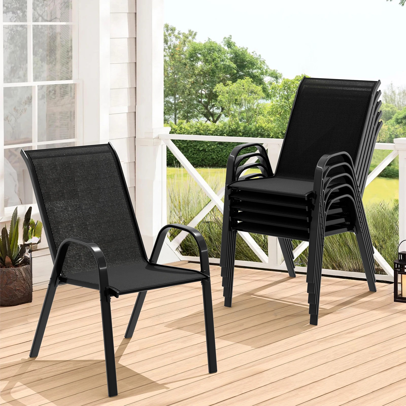 2 Alfordson 6x Outdoor Lounge Chairs Patio Dining Furniture Garden Stackable - Black, 2 of 10