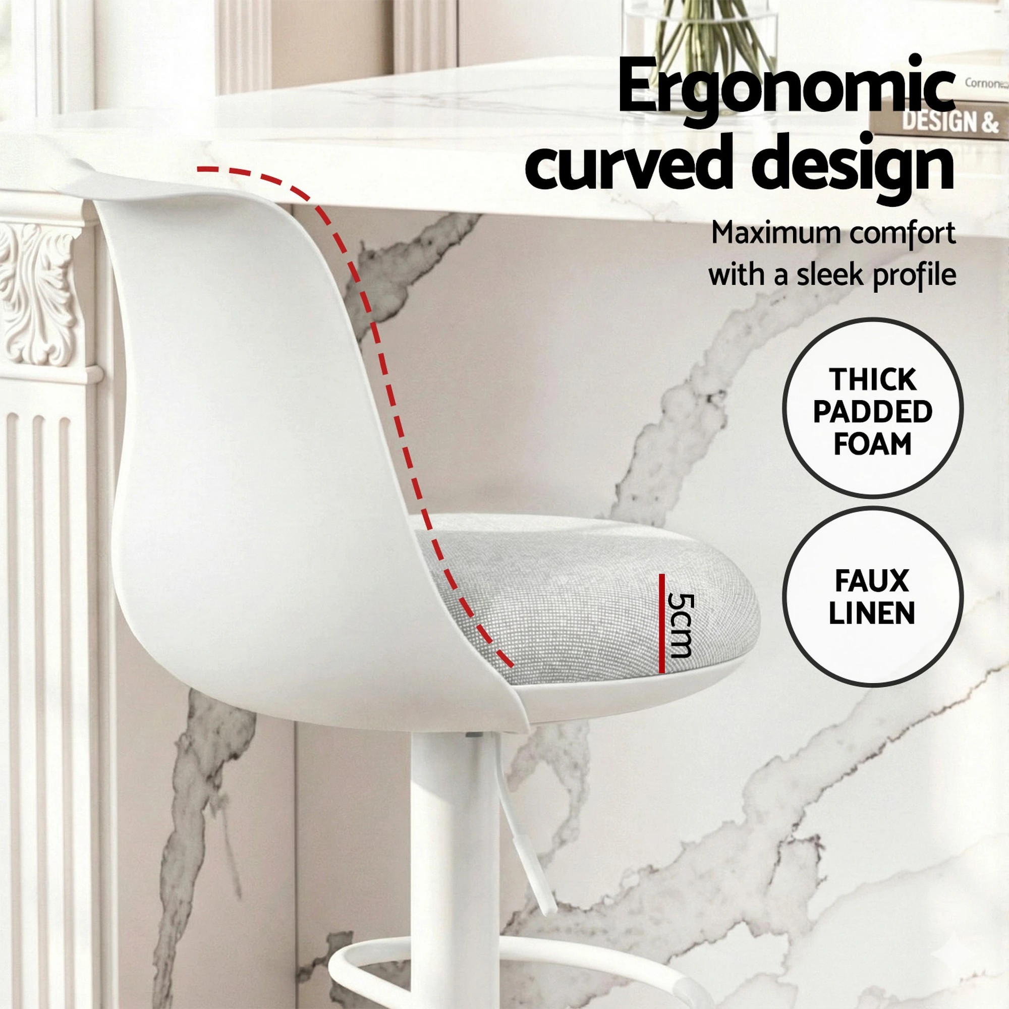 3 Artiss 4x Bar Stools Kitchen Swivel Gas Lift Counter Dining Chair Curved - White, 3 of 6