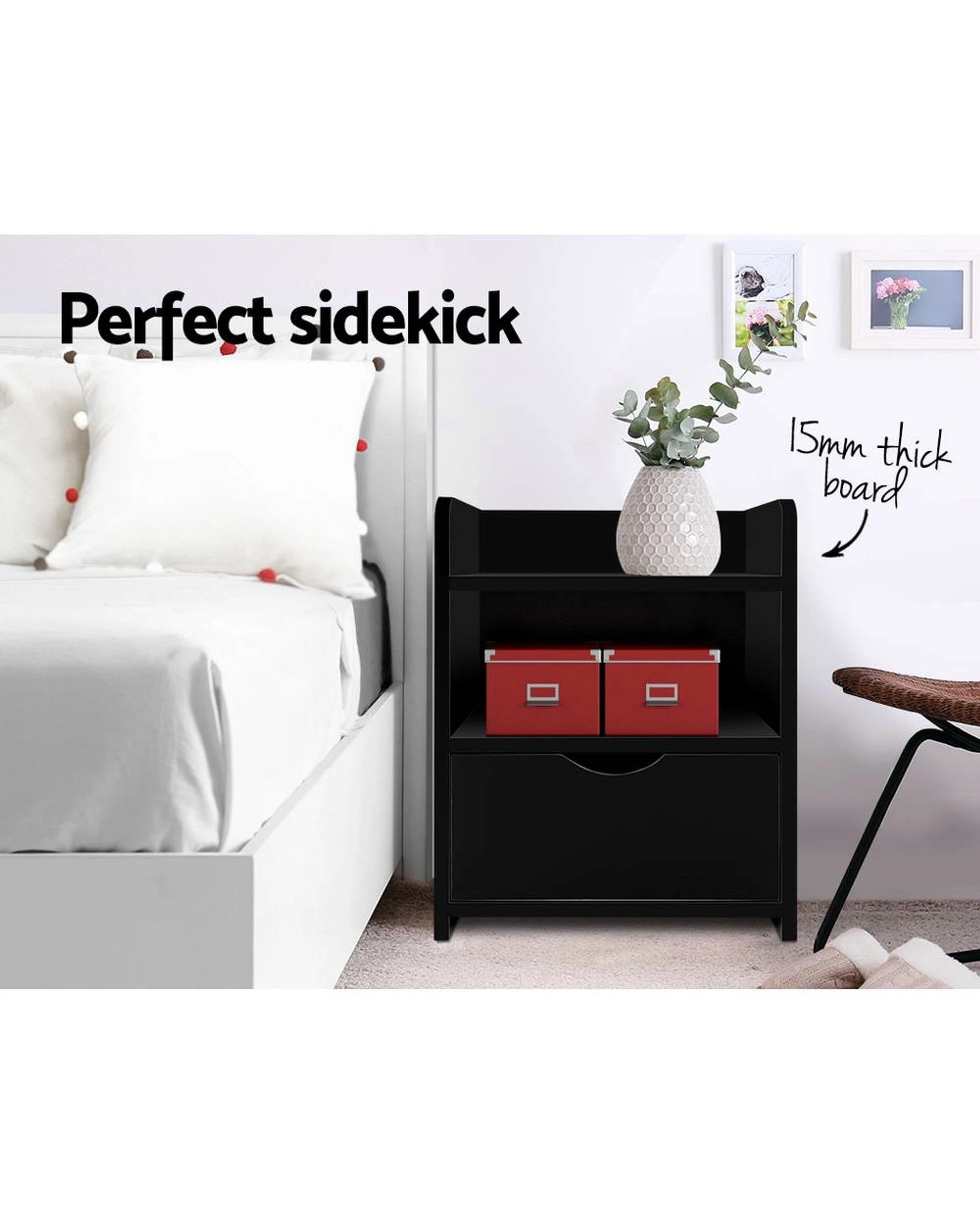 3 Artiss Bedside Table 1 Drawer With Shelf
 - Black, 3 of 8