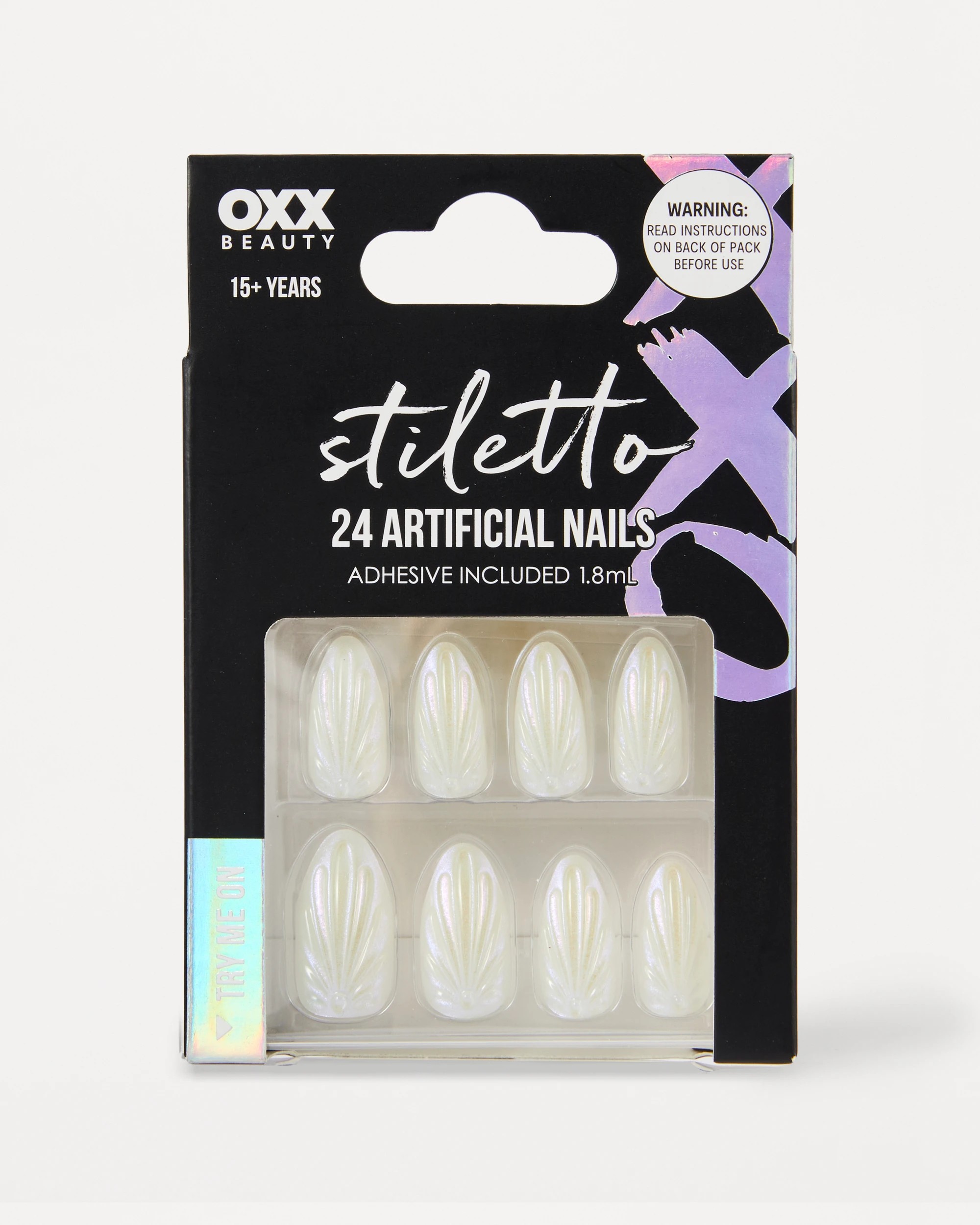 1 OXX Beauty 24 Pack Artificial Nails with Adhesive - Stiletto Shape, 3D Shell, 1 of 4