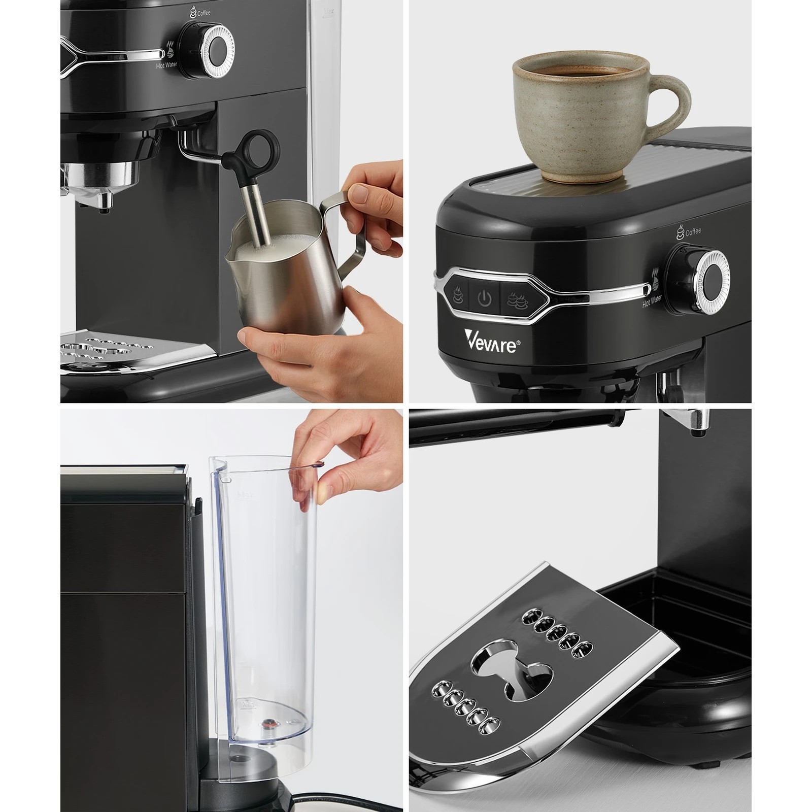 6 Vevare Espresso Coffee Machine Latter Cappuccino Maker 19 Bar Milk Frother - Black, 6 of 8
