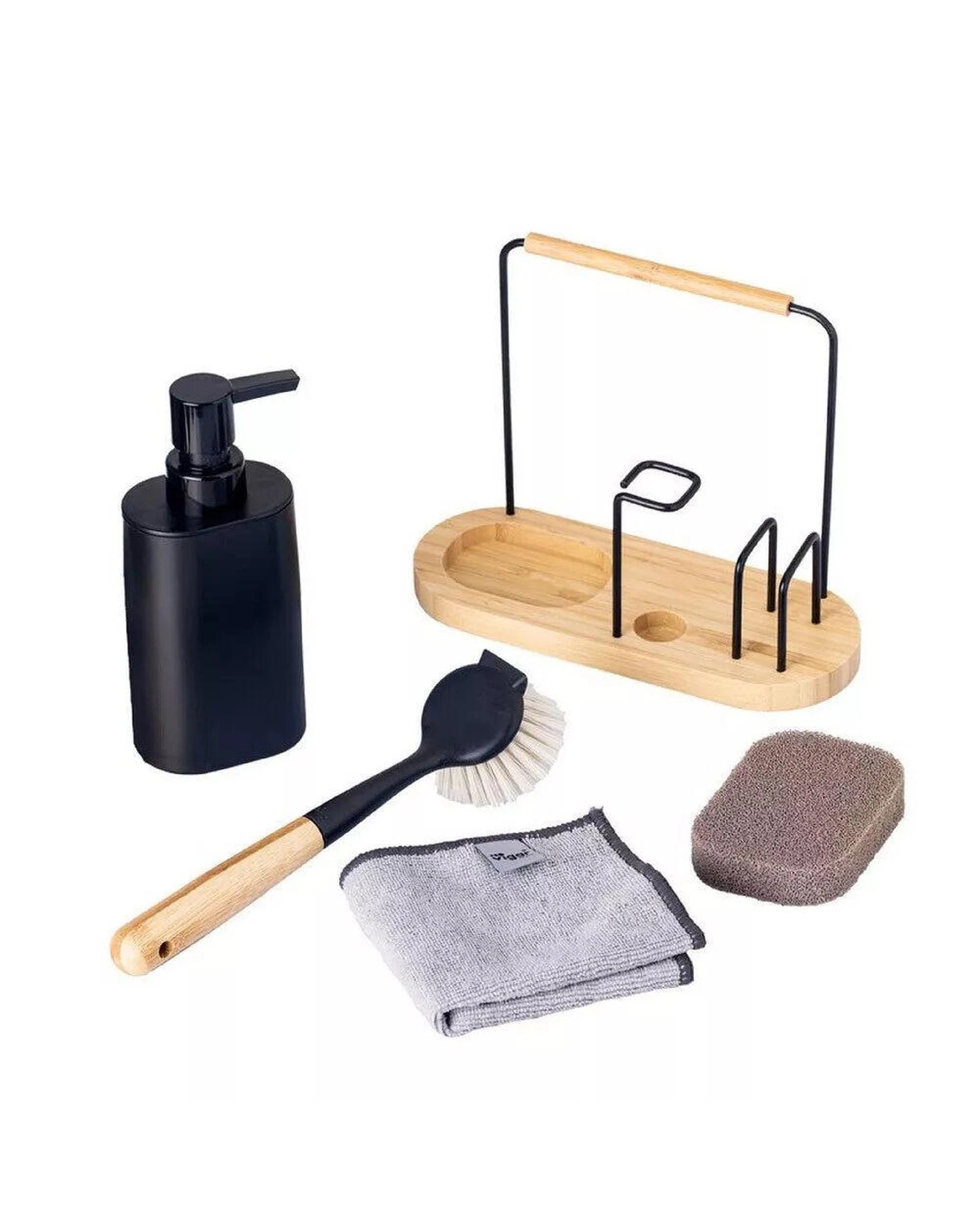 3 Vigar Vintage Bamboo 4 Piece Set  Sink Caddy Dish Brush Dispenser Black, 3 of 7