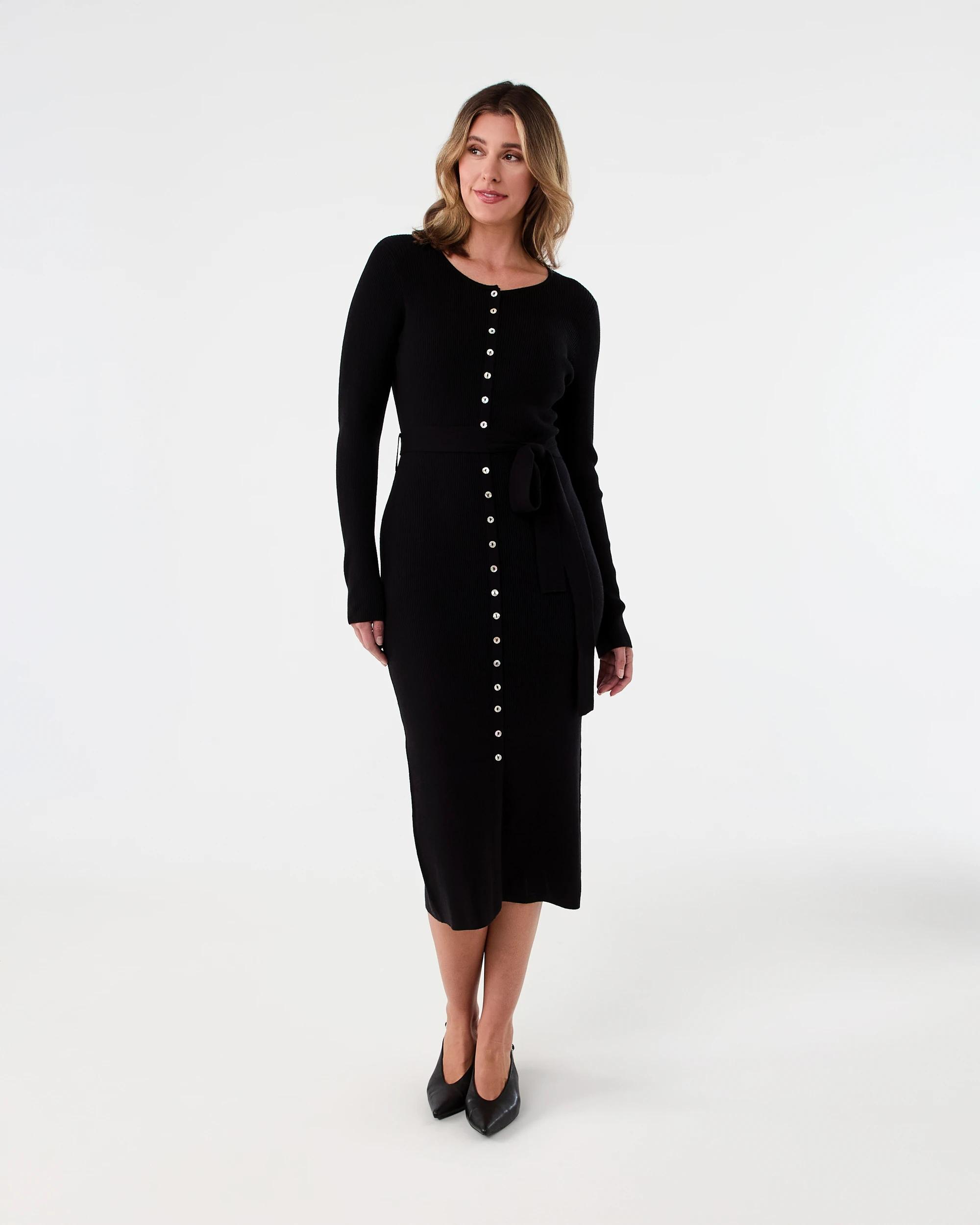 1 Long Sleeve True Knit Button Through Midi Dress Black, 1 of 6