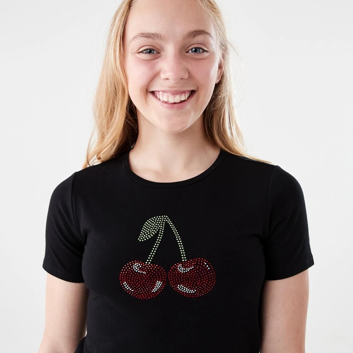 3 Short Sleeve Embellished T-shirt DIAMONTE CHERRIES BLACK, 3 of 6