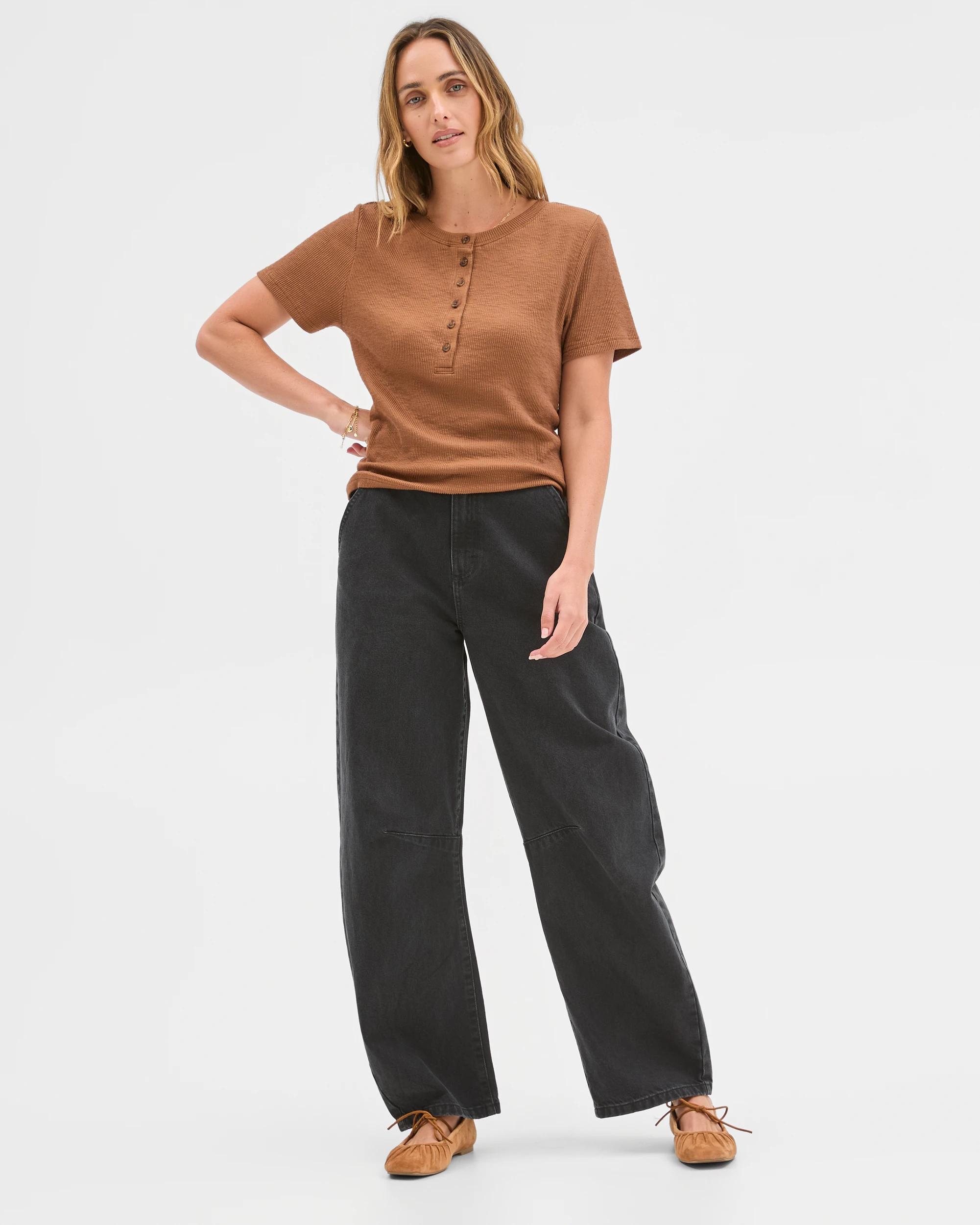 1 Target Woman Australian Cotton Blend Textured Rib Henley T-Shirt PARTRIDGE, 1 of 5