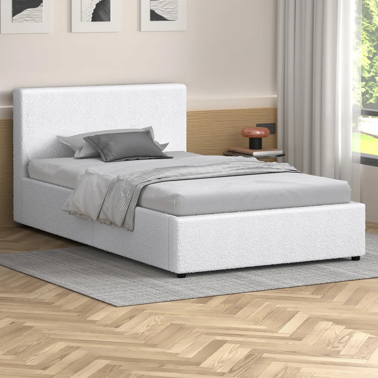 3 Alfordson Bed Frame Single Size Gas Lift Storage Base Boucle Tricia - White, 3 of 10