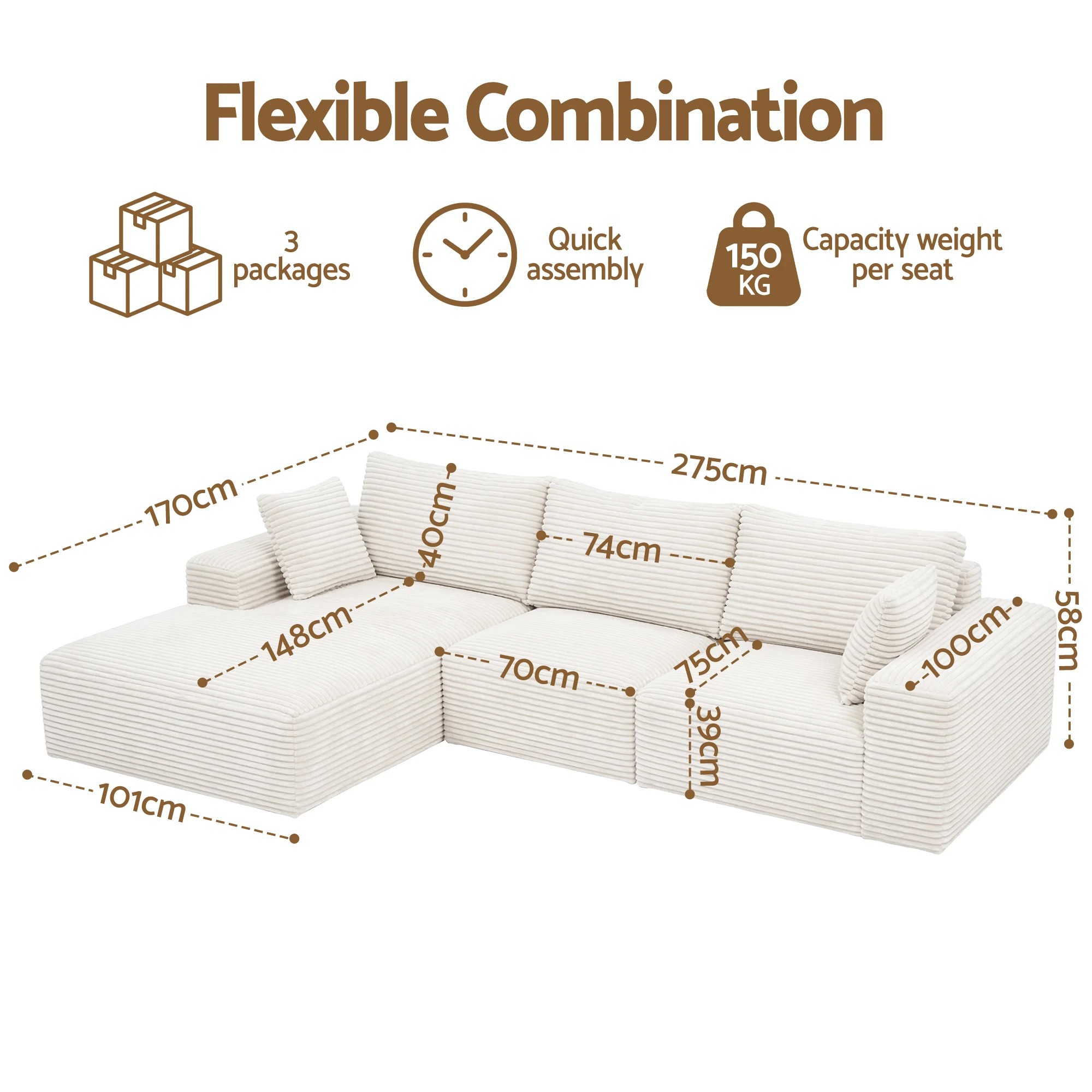2 Artiss 3 Seater Modular Sofa Bed Sectional Boneless Couch for Living Room Corduroy Compressed Sofa - White, 2 of 4