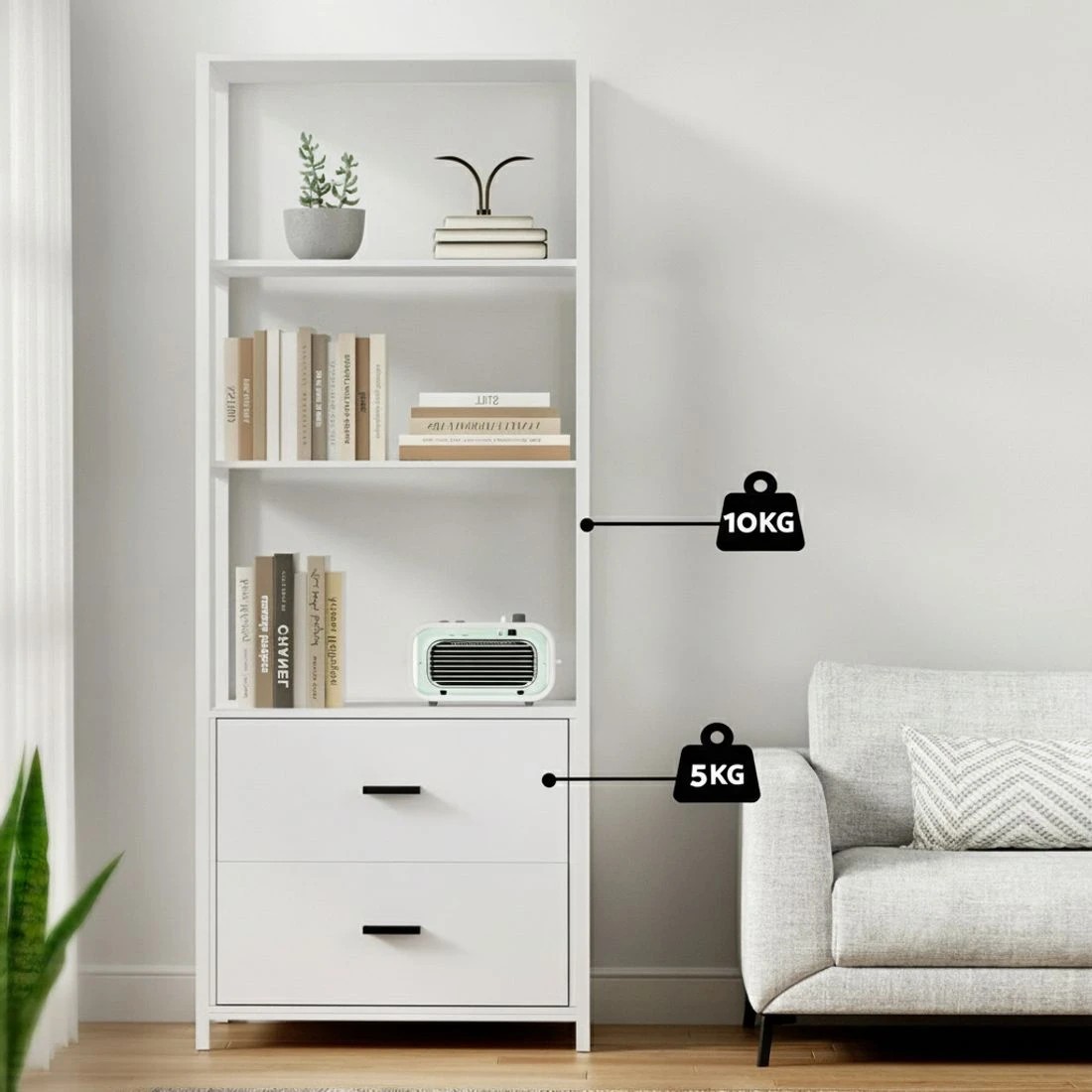 4 Artiss Bookshelf Display Shelf 2 Drawers 152CM - White, 4 of 5