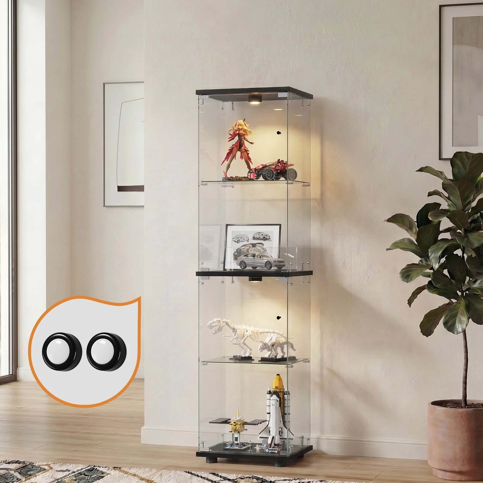 3 Oikiture Glass Display Cabinet 4-Tier LED Light Bookcase Clear Showcase - Black, 3 of 8