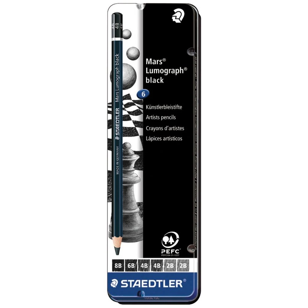1 Staedtler Black Lumograph Pencils 100B 6 Pack, 1 of 3