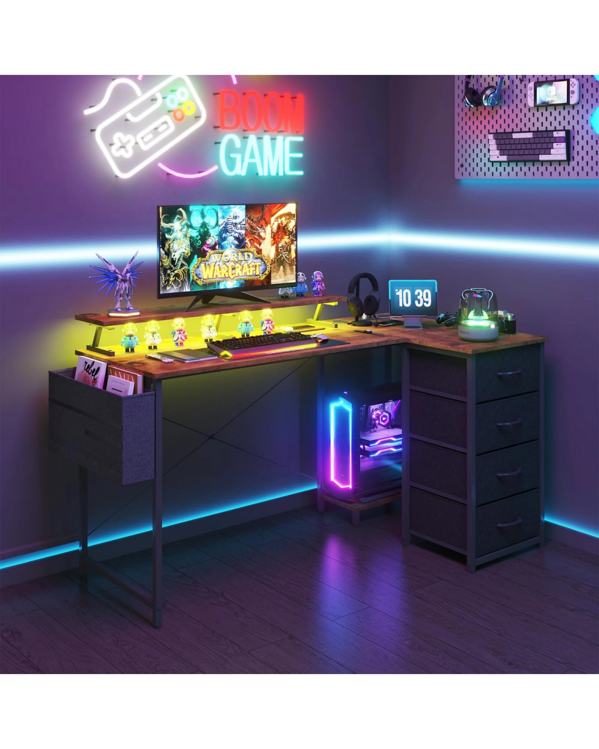 2 Advwin 160cm L Shaped Gaming Desk With Power Outlets Convertible LED Computer Desk - Brown, 2 of 4
