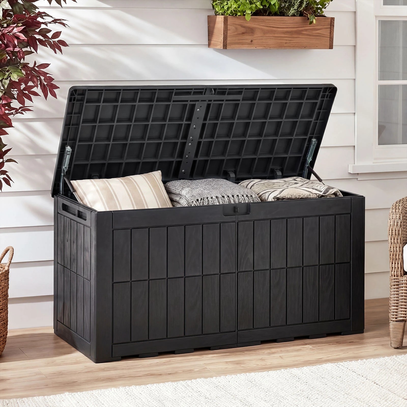 5 Costway 380L Outdoor Deck Box Patio Bench All-Weather Storage Bin w/Handles - Black, 5 of 6