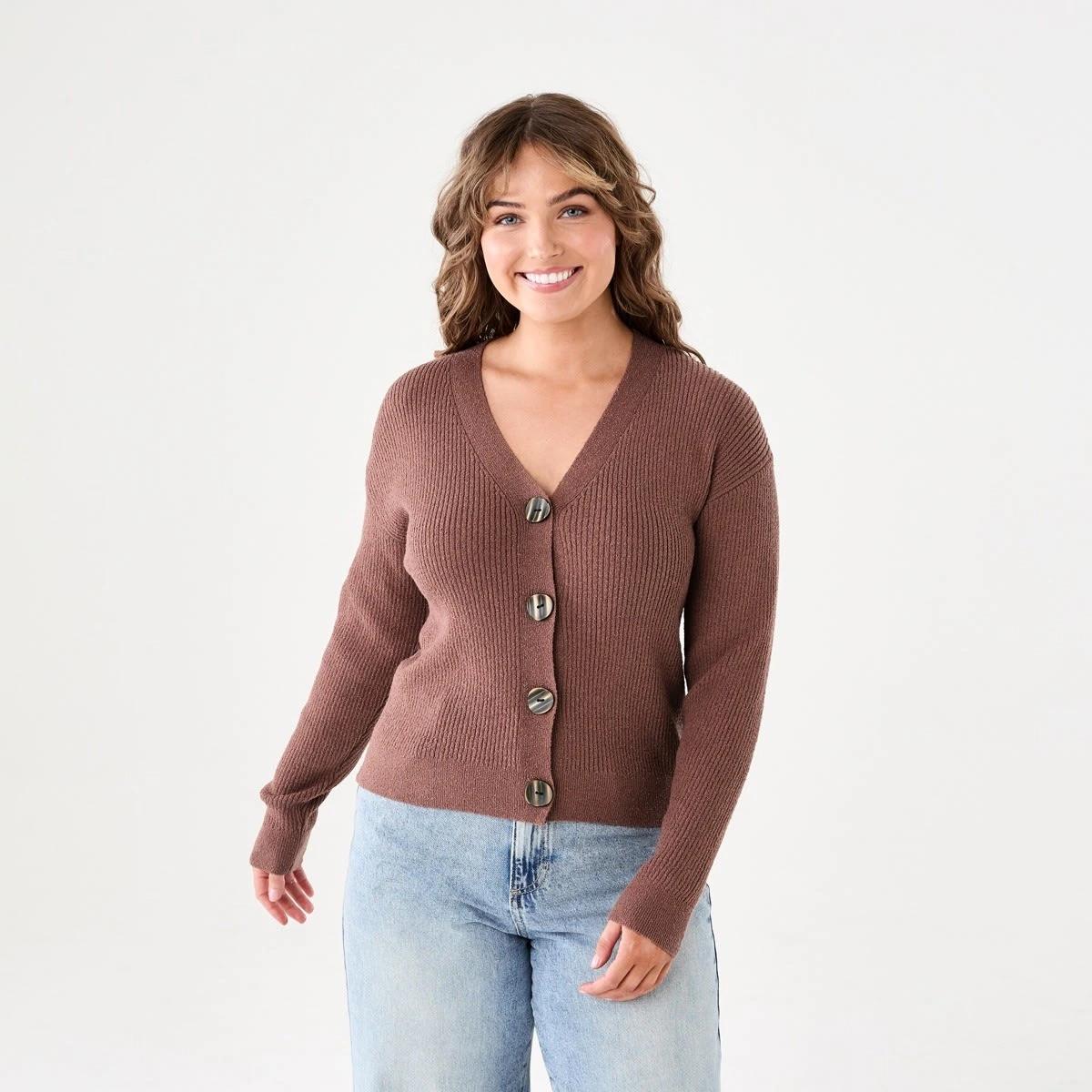 1 Textured V-Neck Cardigan FAWN TAUPE, 1 of 6