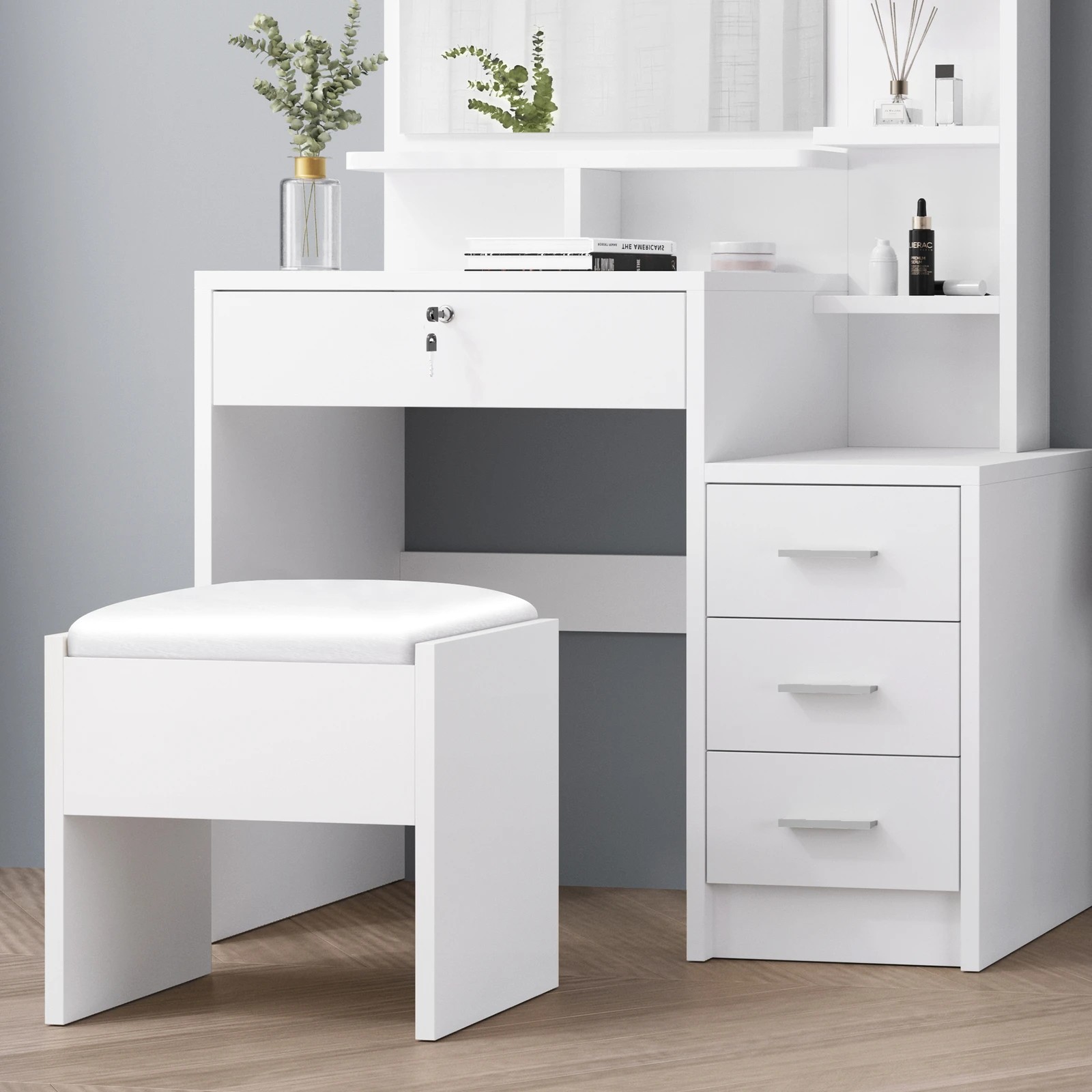 10 Alfordson Dressing Table Stool Set Makeup Mirror Drawers Vanity Desk - White, 10 of 10