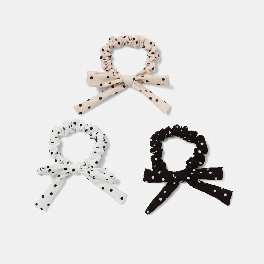 1 3 Pack Polka Dot Bow Hair Scrunchies - Black, White and Beige, 1 of 5