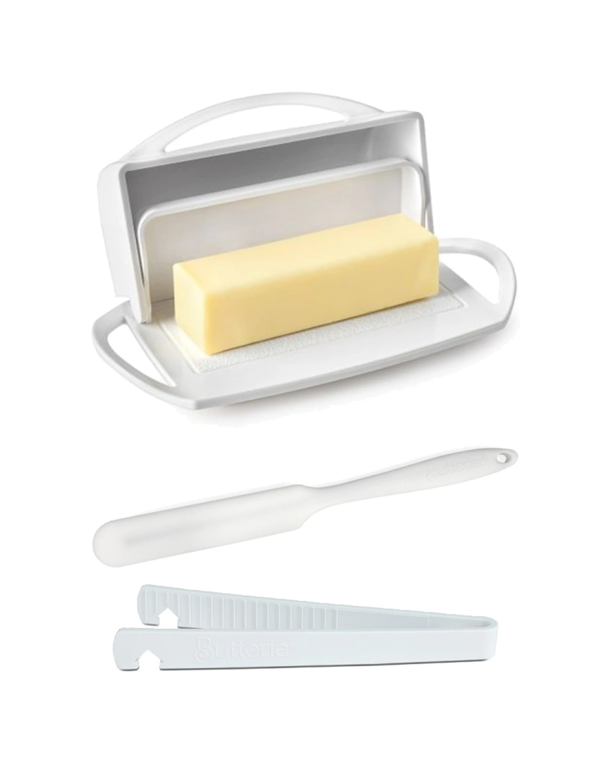 1 Better Dish Butter Container with Lid Butterie Spatula Plastic Tongs Set - White, 1 of 9