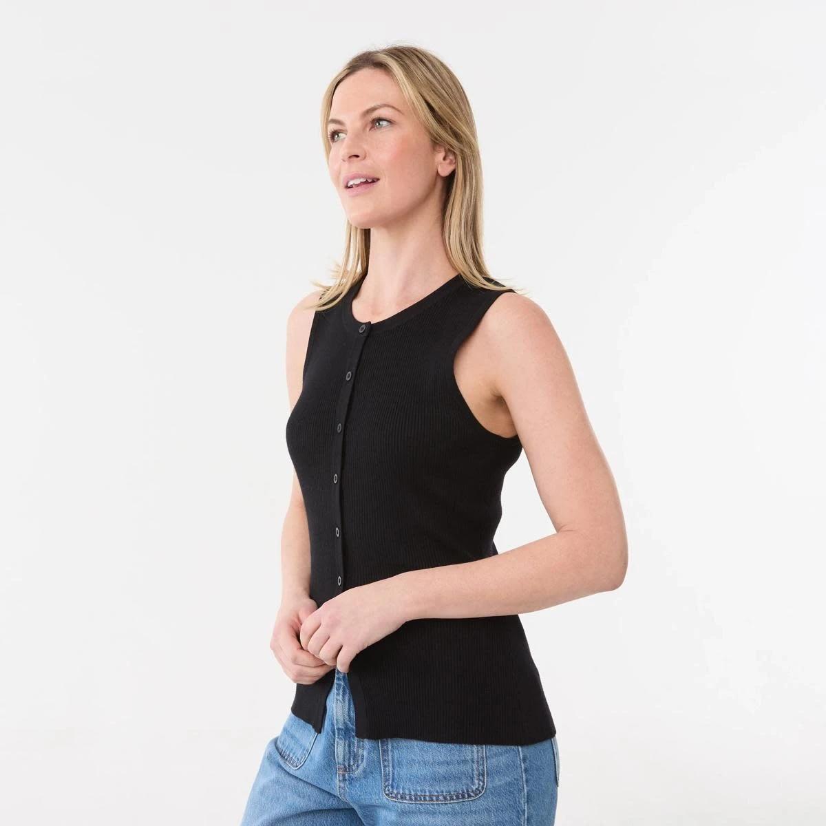 2 Sleeveless Rib Button Tank BLACK, 2 of 5