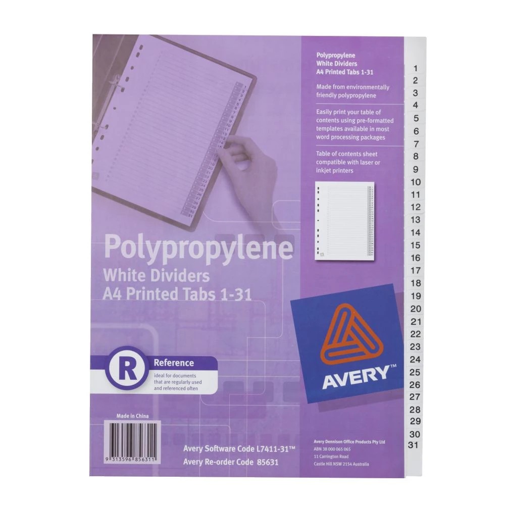 2 Avery Polypropylene A4 Printed Tabs Dividers 1 -31 White, 2 of 2