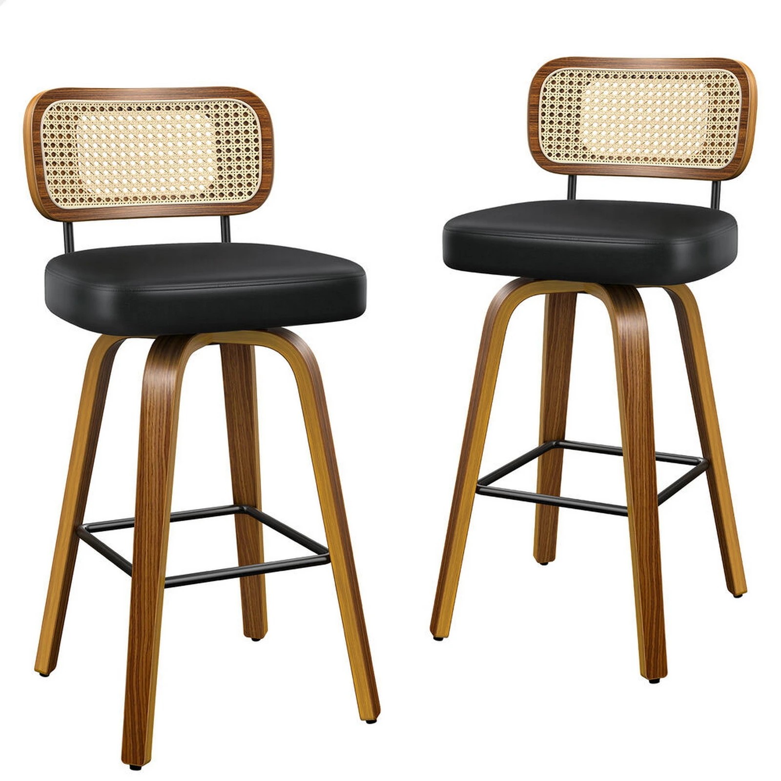 1 Alfordson 2x Bar Stools Kitchen Vintage Leather Seat Rattan Chair - Black, 1 of 9