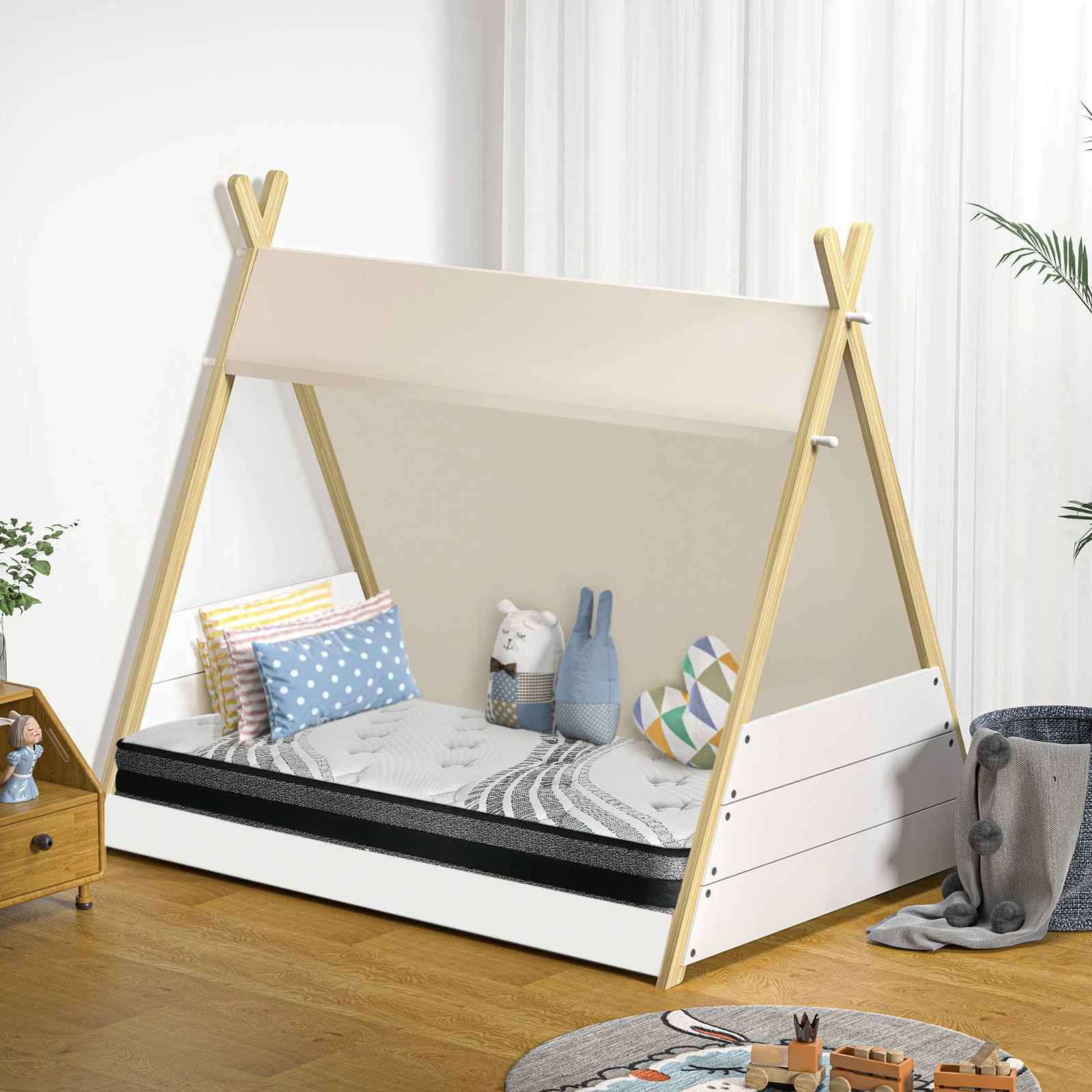 2 Oikiture Kids Bed Frame And Mattress Timber House Teepee Triangle Beds Single
 - Multi, 2 of 10