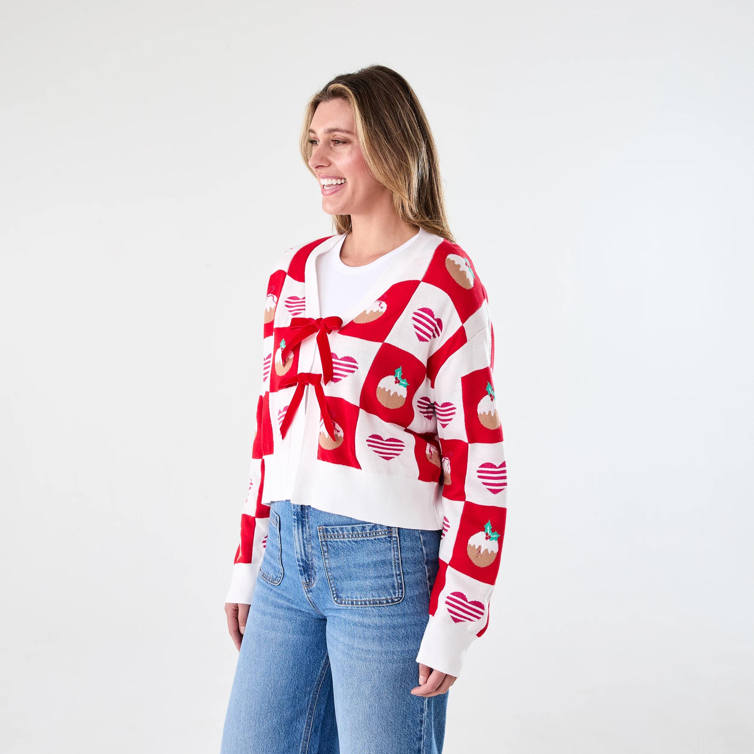 2 Tie Front Christmas Cardigan PUDDING STRAWBERRY, 2 of 6