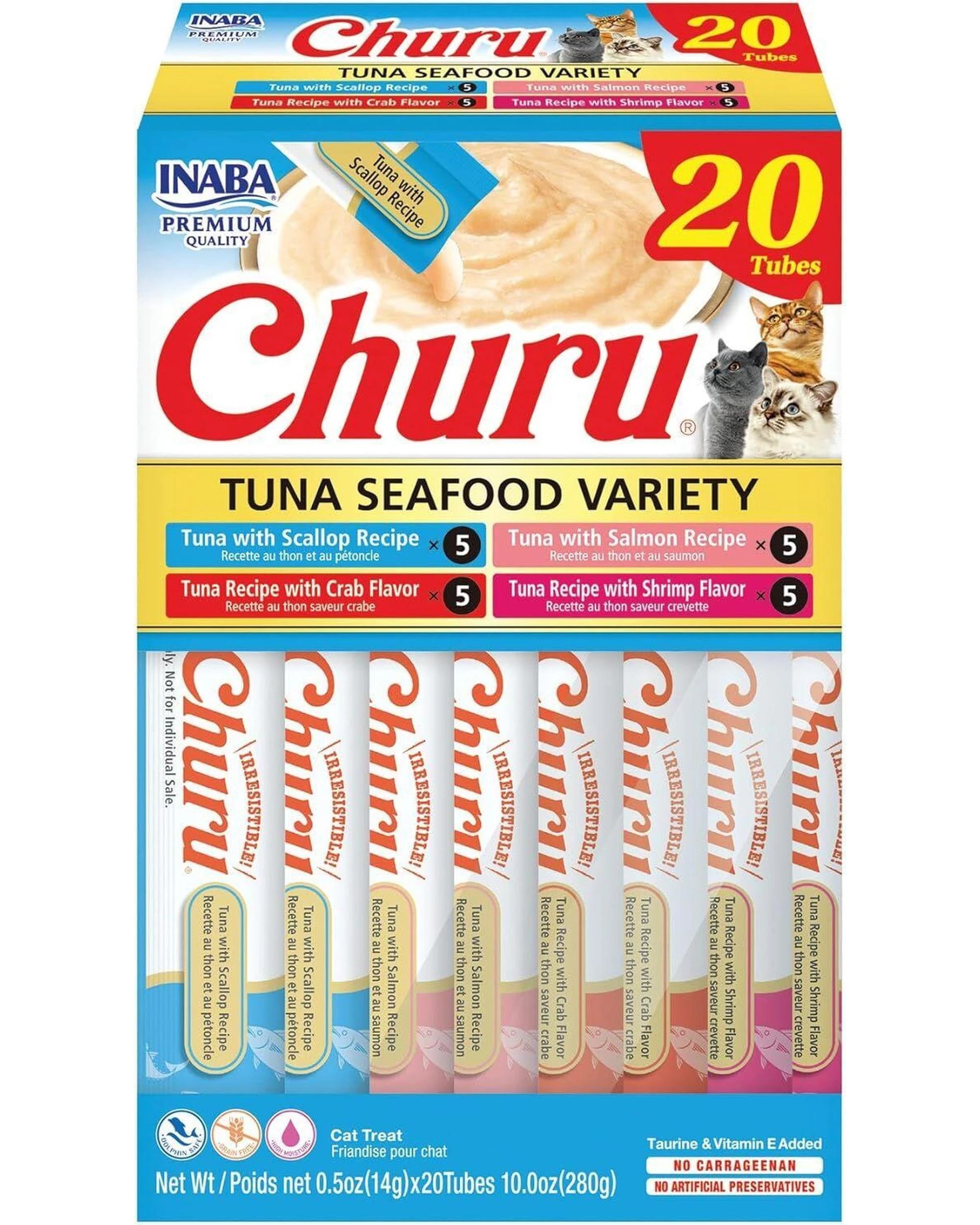 1 Inaba Churu Puree Lickable Cat Treats Tuna Seafood Variety Box 20 x 14g, 1 of 9