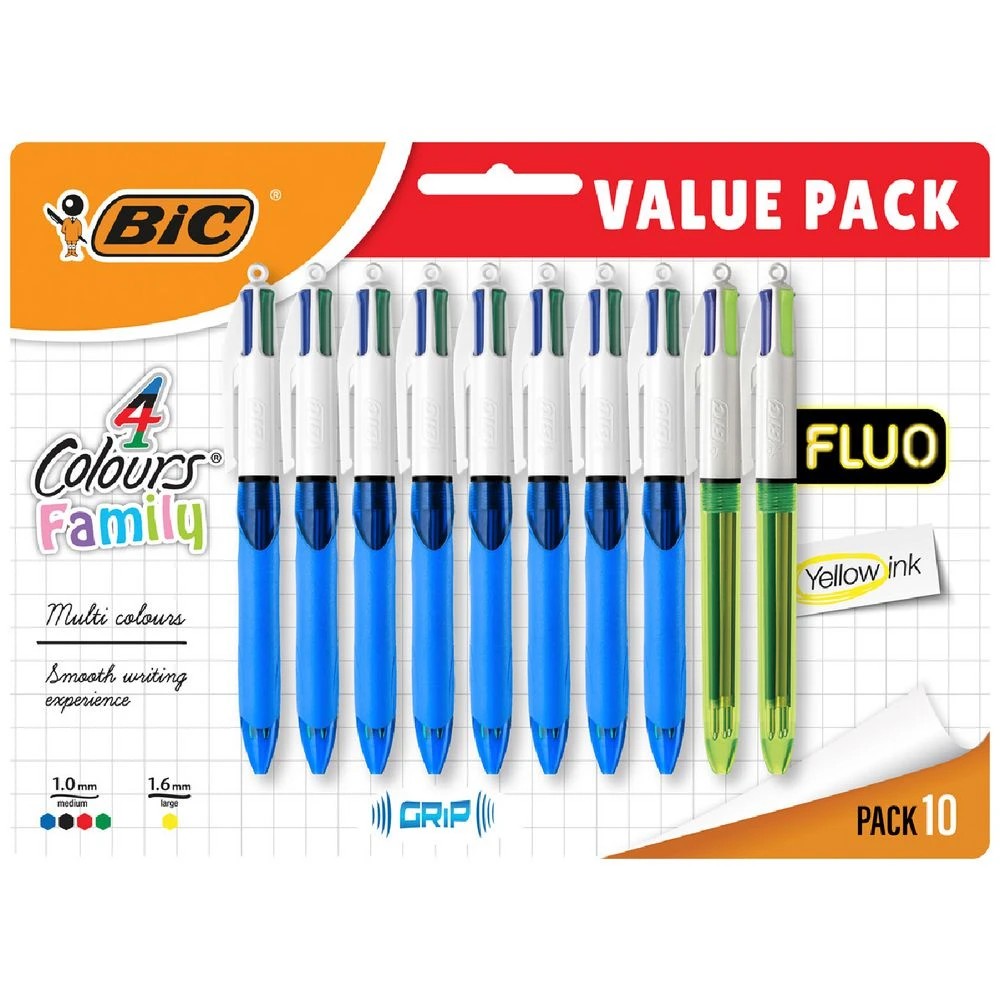 1 BIC 4-Colours Grip Fluoro Ballpoint Pens Assorted 10 Pack, 1 of 2