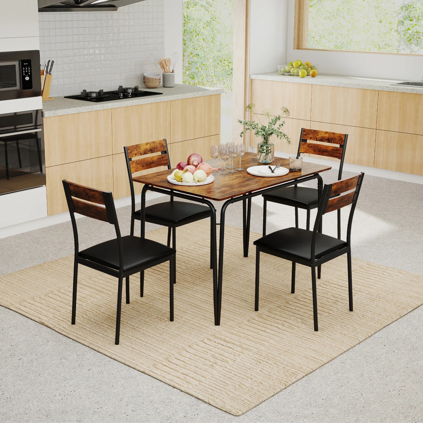 2 Costway 5pcs Dining Table Set Industrial Kitchen Table 4 Ergonomic Back Armless Chairs - Brown, 2 of 4