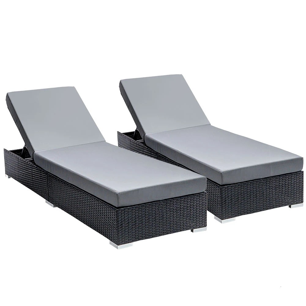 1 Gardeon 2PC Sun Lounge Wicker Lounger Outdoor Furniture Day Bed Adjustable - Black, 1 of 5
