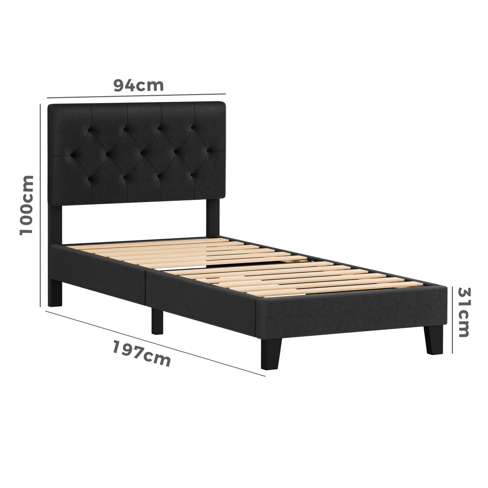 9 Alfordson Bed Frame Single Size Tufted Headboard Modern Fabric Meduna - Charcoal, 9 of 9