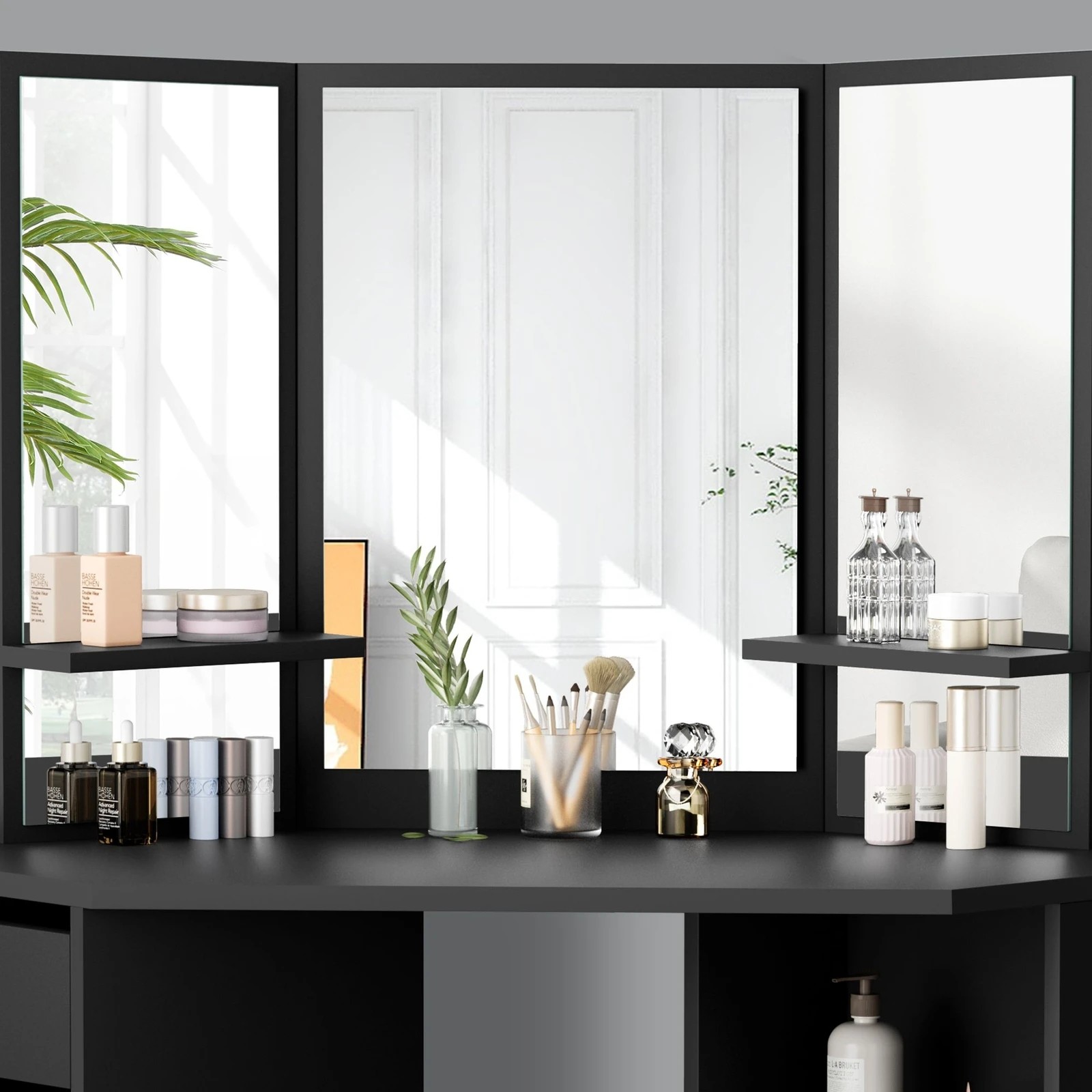 3 Alfordson Dressing Table Stool Set Makeup Tri-fold Mirror Vanity Desk - Black, 3 of 10