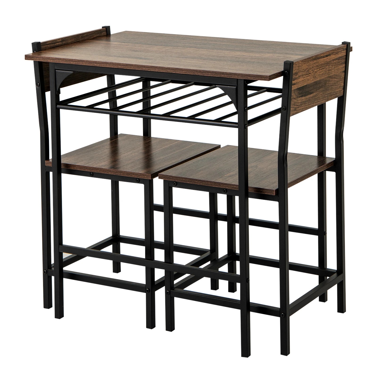 1 Costway 3PCS Kitchen Rectangular Dining Table Chair Set w/Metal Frame & Storage Rack - Brown, 1 of 4