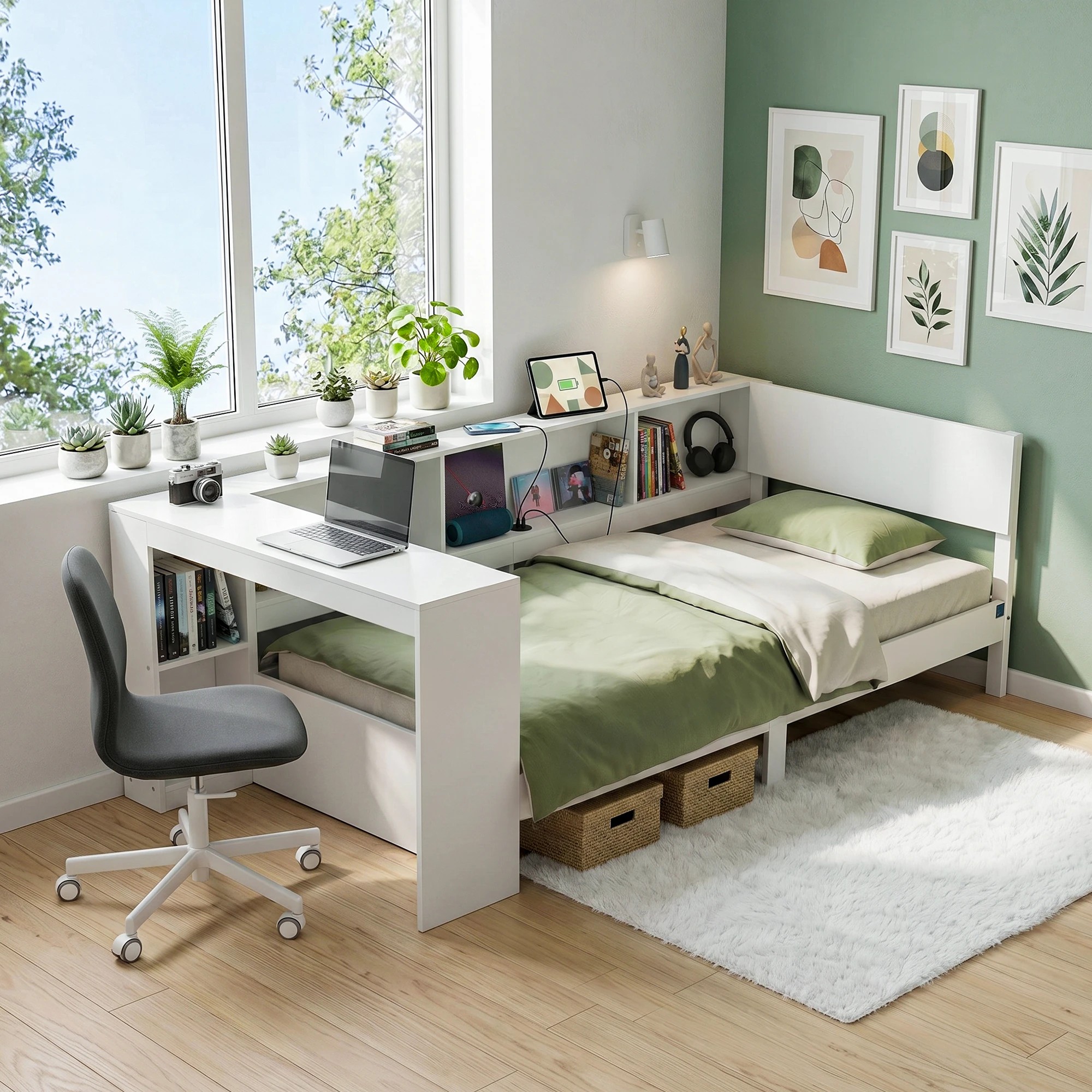 8 Artiss Single Solid Wood Corner Platform Bed Frame with Built-in Desk USB-C Charging Station - White, 8 of 8