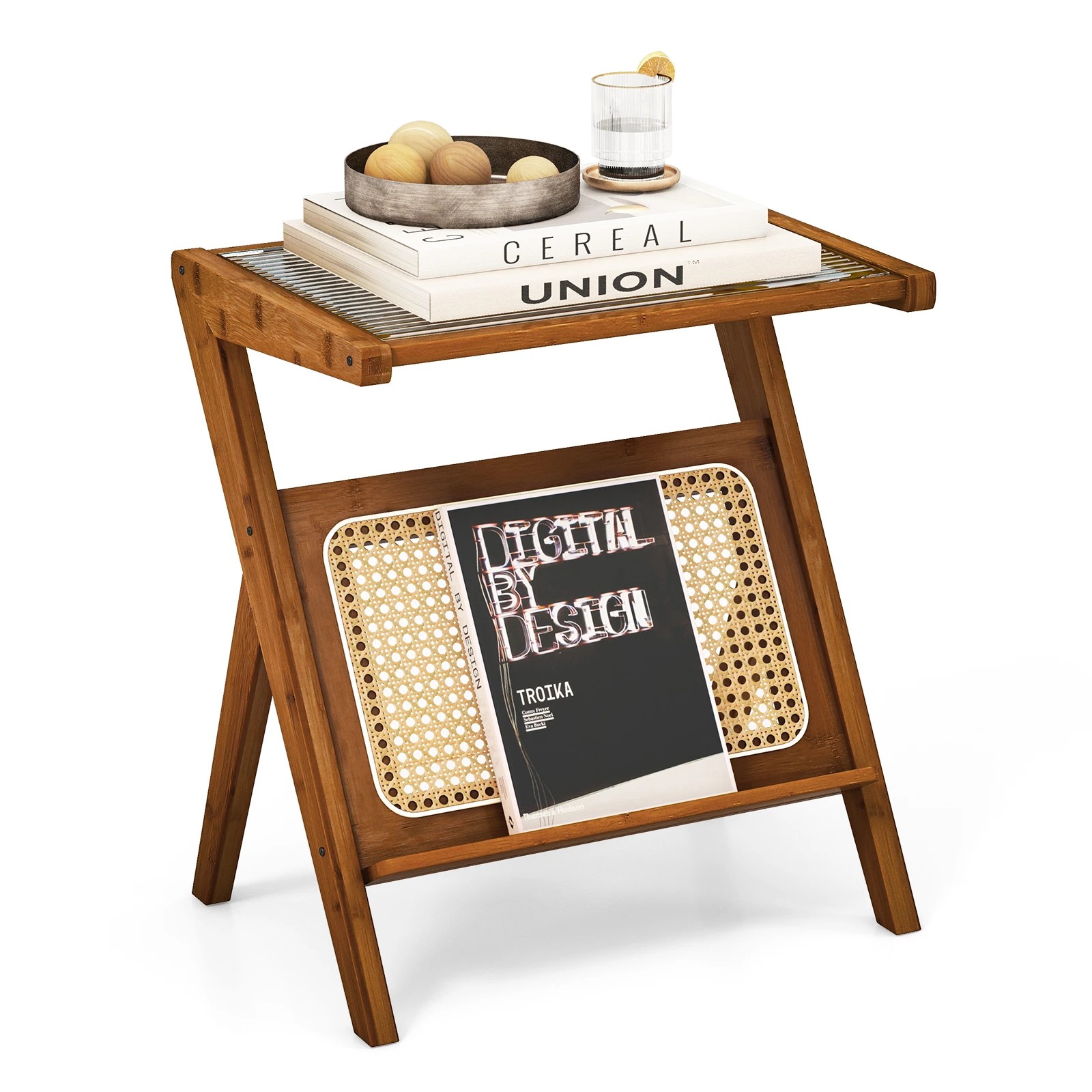 5 Costway Bamboo End Side Table Z-shaped Couch Accent Table w/Magazine Rack, 5 of 5