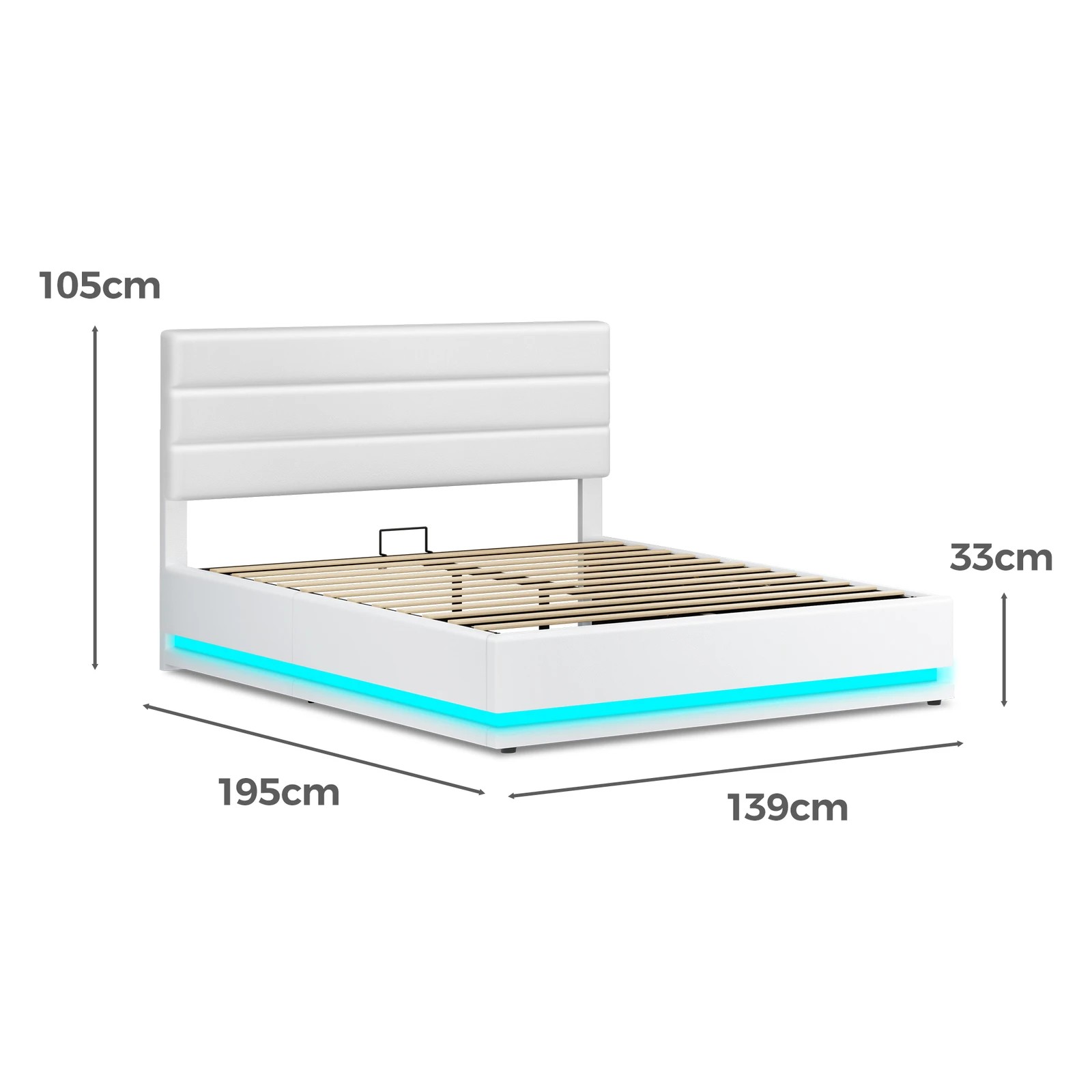 3 Alfordson Bed Frame Double Size Platform RGB LED Gas Lift Base Storage - White, 3 of 10