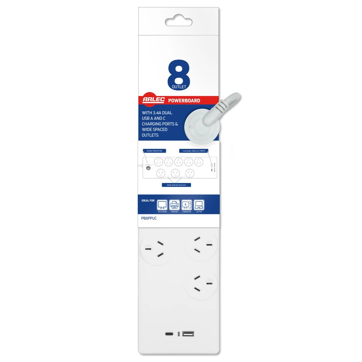 1 Arlec 8 Outlet Entertainment Powerboard with 2 USBs A&C, 1 of 2