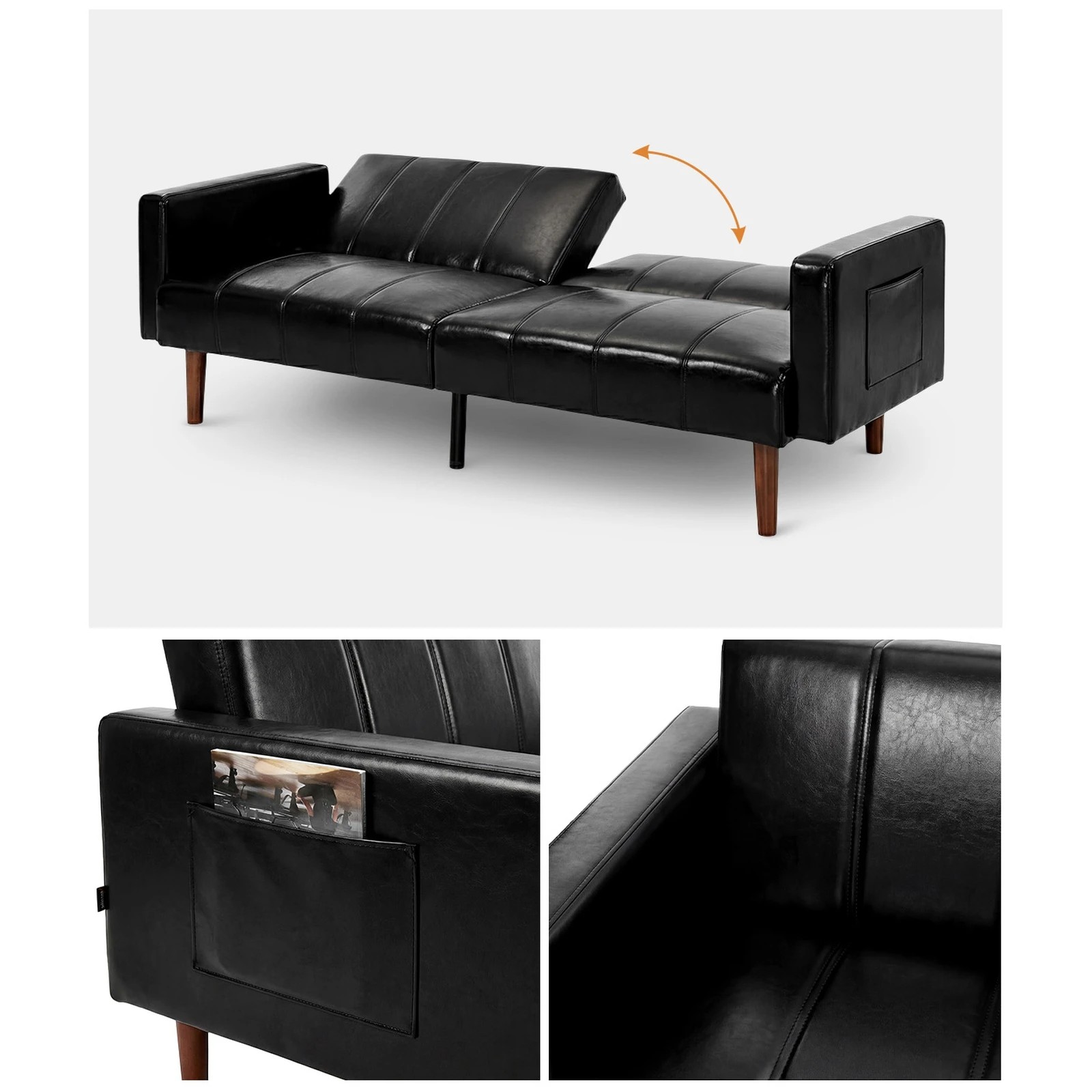 6 Oikiture 3 Seater Sofa Bed Sleeper Futon Faux Leather - Black, 6 of 10