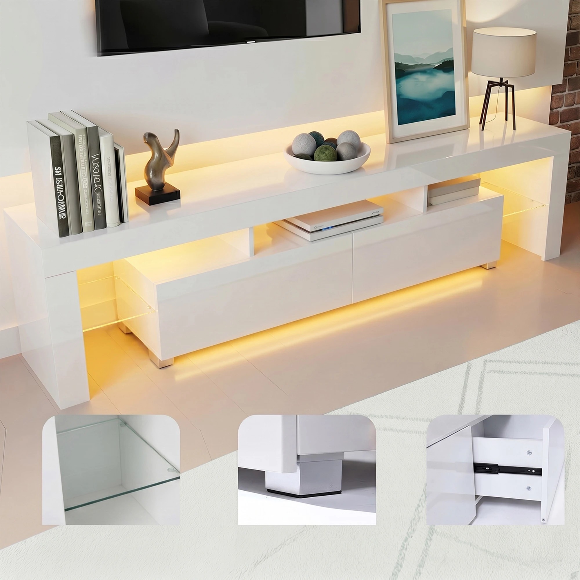 8 Artiss LED TV Unit & Coffee Table Set Storage Cabinet - White, 8 of 10