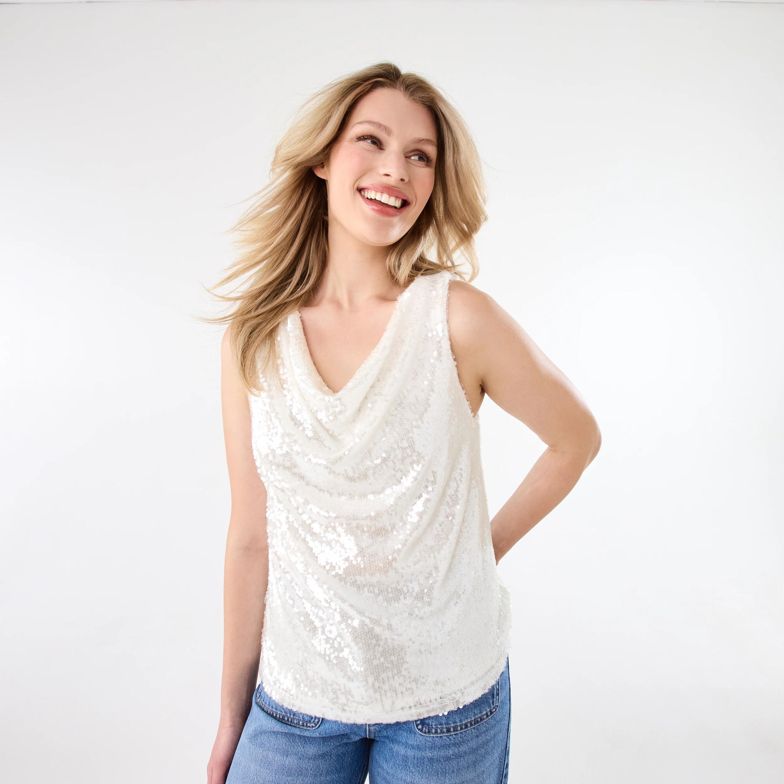 1 Sleeveless Sequin Cowl Neck Top White, 1 of 6