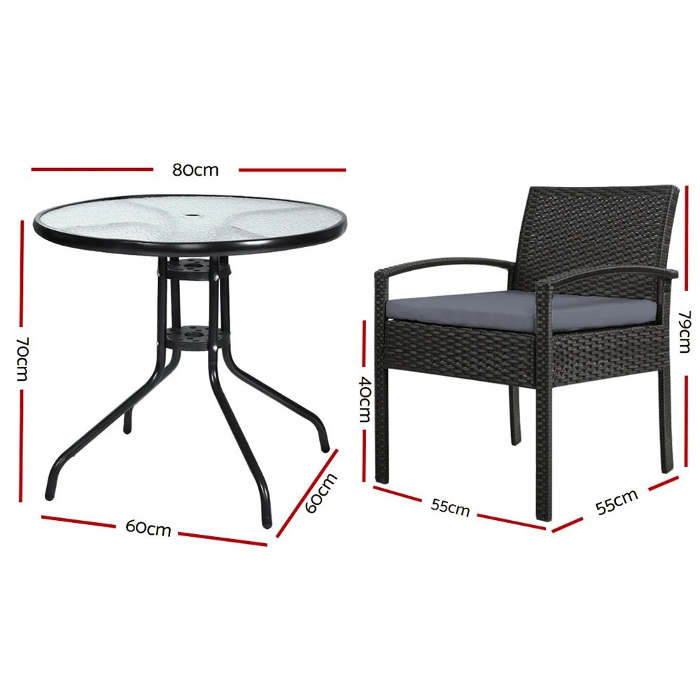 2 Gardeon 3PC Bistro Set Outdoor Furniture Rattan Table Chairs Cushion Patio - Black, 2 of 5